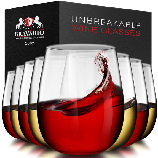 Bravario Unbreakable Stemless Plastic Wine Glasses | Reusable | Shatterproof 100% Tritan Plastic | Dishwasher-Safe | BPA-free | Awesome for Indoor & Outdoor | 16 oz, Set of 8