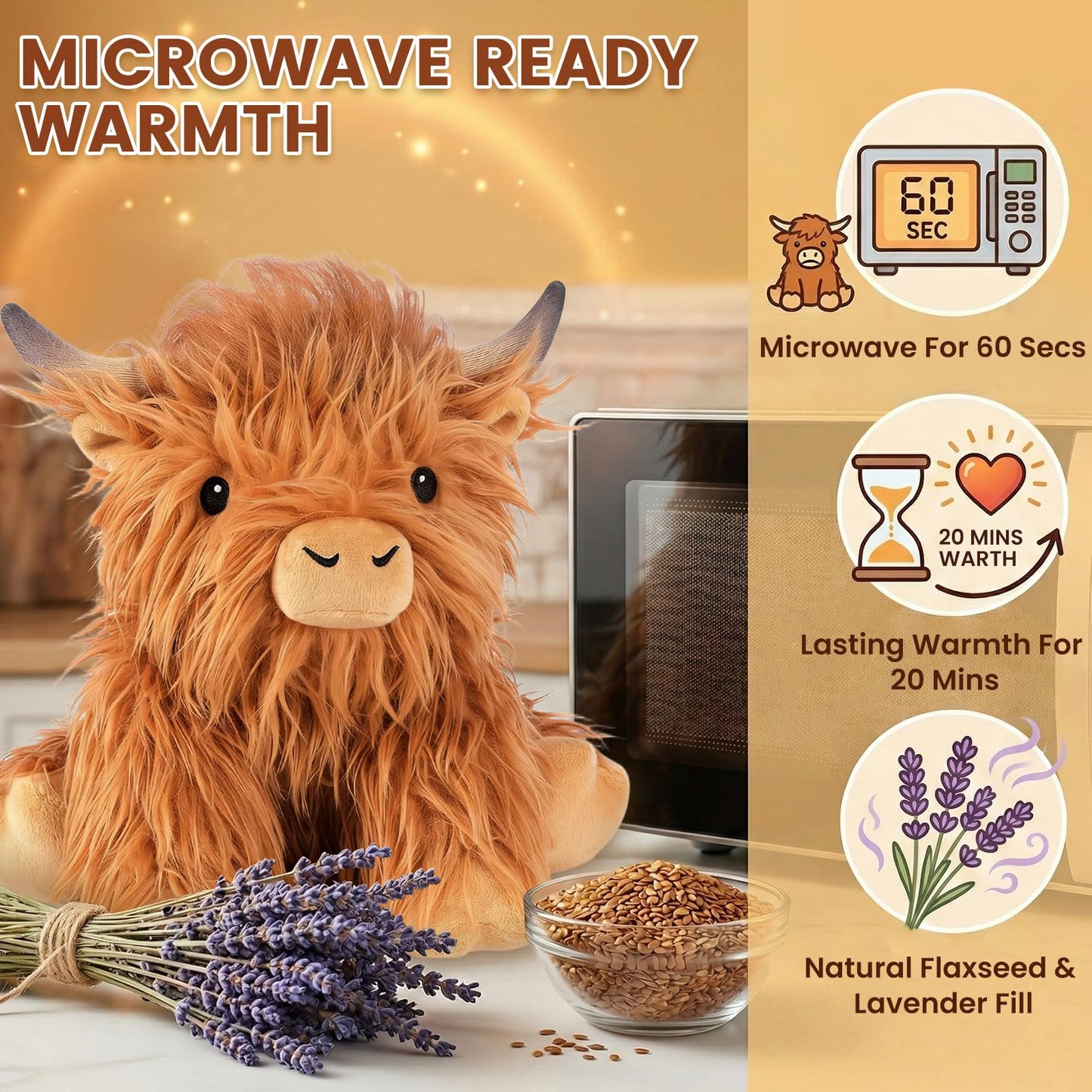 SuzziPals Heatable & Coolable Highland Cow Stuffed Animal, Microwavable Stuffed Animals Heating Pad for Period DIscomfort, Cuddly Cattle Stuffed Animal for Warmth & Comfort, Highland Cow Gifts for kid