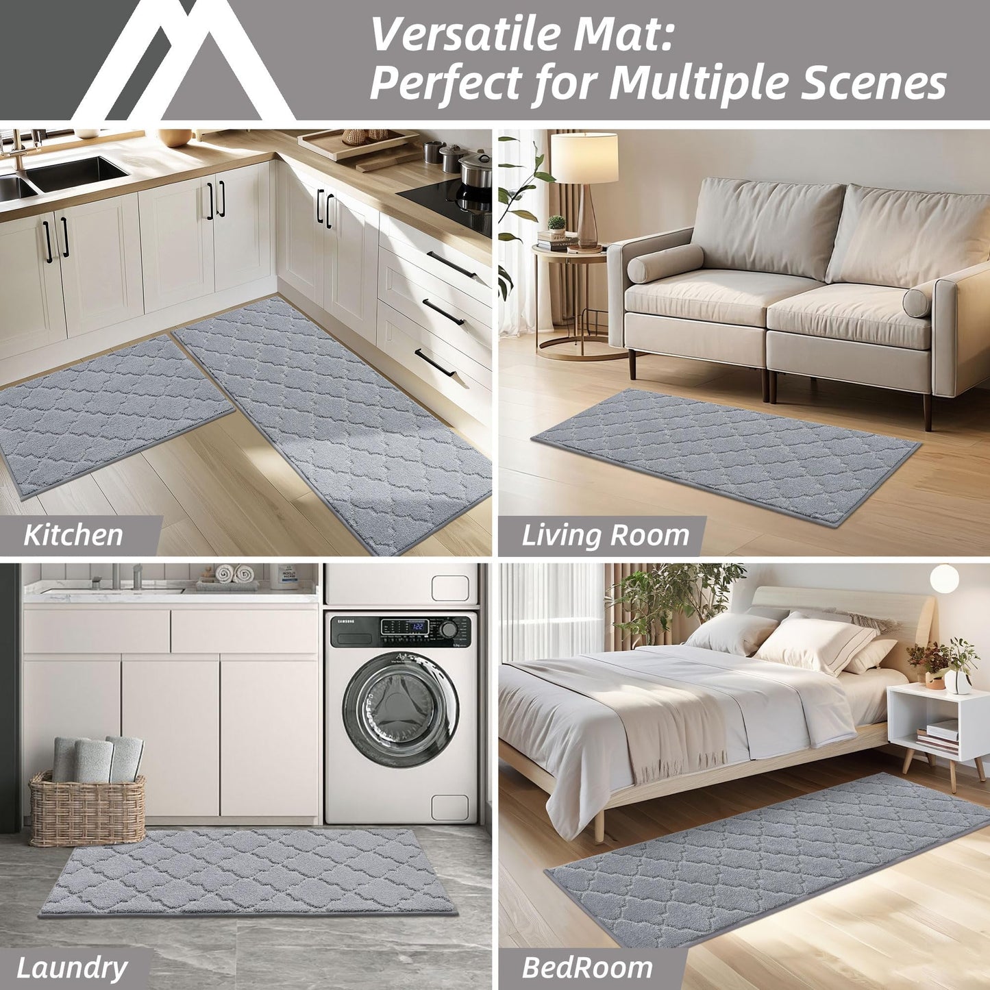 COSY HOMEER Soft Kitchen Rugs [2 PCS] for in Front of Sink Super Absorbent Kitchen Floor Mats and Mats 24x35 Inch/24X60 Non-Skid Kitchen Mat Standing Mat Washable,Polyester,Grey