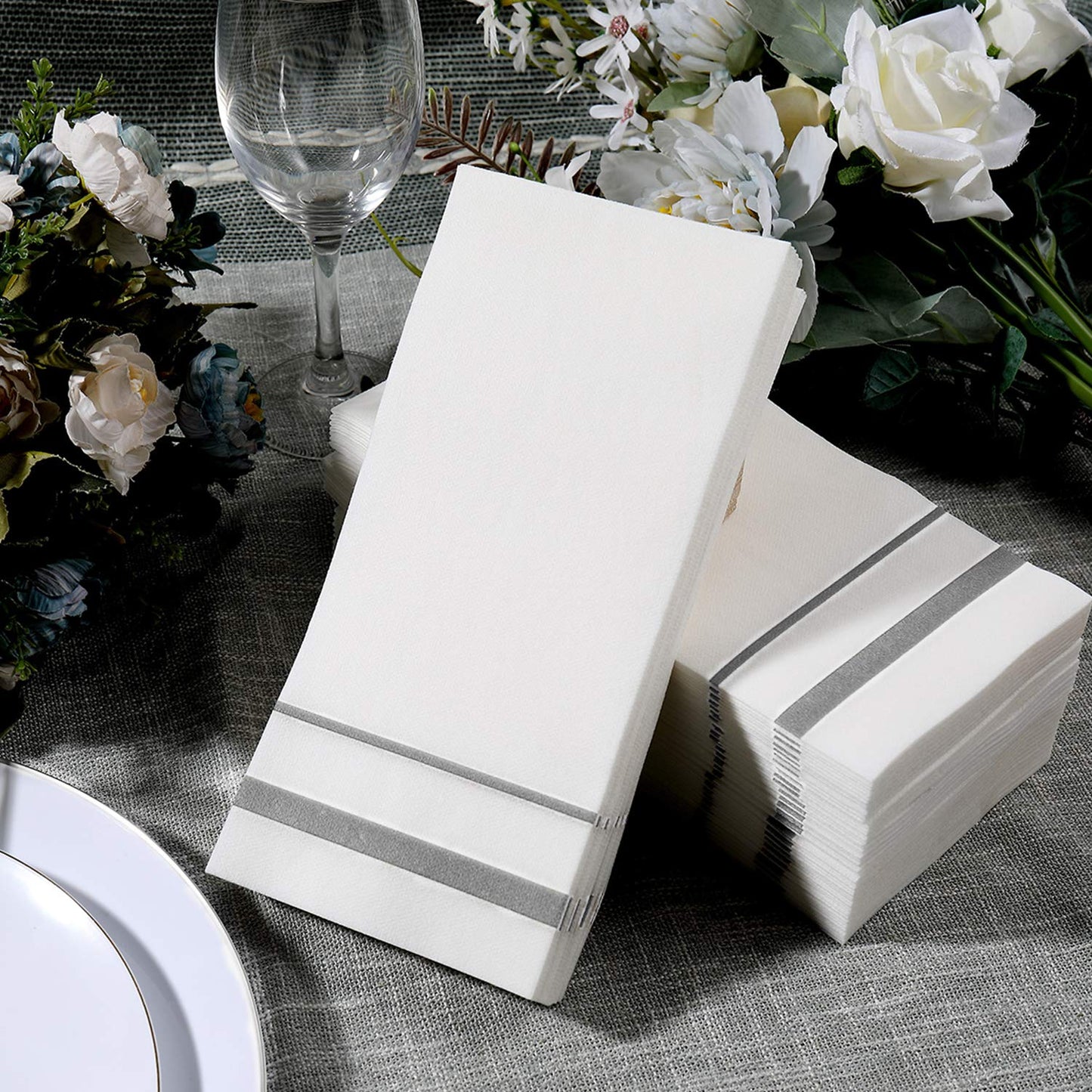 FOCUSLINE 200 Linen Feel Disposable Bathroom Napkins, Soft and Absorbent Paper Guest Towels, Cloth-Like Hand Towels Decorative Paper Napkins for Parties, Weddings, Dinners or Events, Silver, 12" x 17"