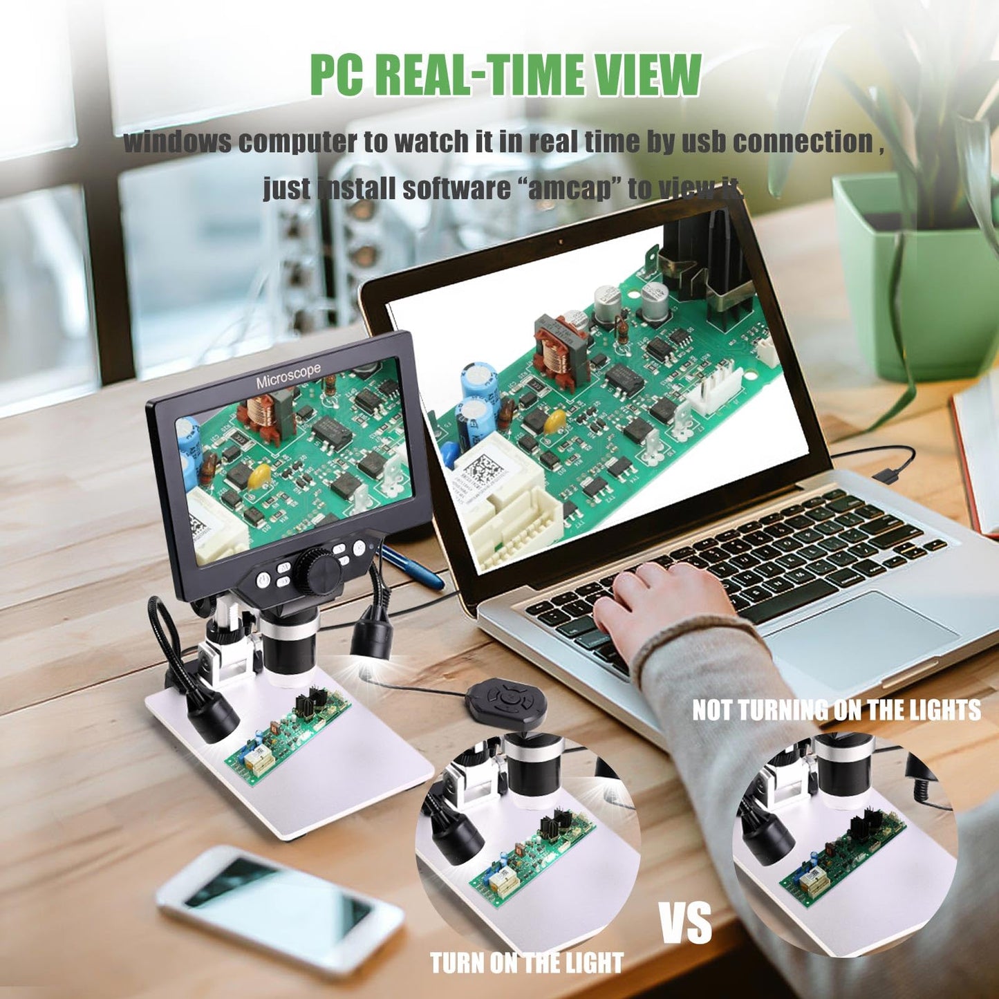 7" LCD Digital Microscope, 1200X 1080P HD Coin USB Microscope with 10 Lights, Wired Remote, PC View, 16GB TF Card, Metal Stand for Soldering PCB Circuit Board Repair