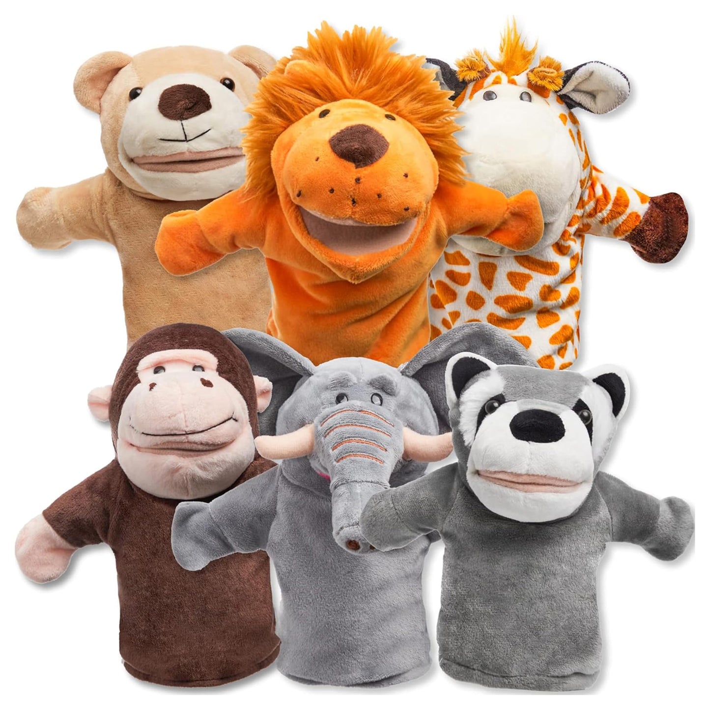 JOYIN 6Pcs Kids Hand Puppet Set with Working Mouth, Toddler Animal Plush Toy Includes Elephant, Giraffe, Lion, Bear, Raccoon and Monkey for Show Theater, Birthday Gifts, Easter Basket Stuffers