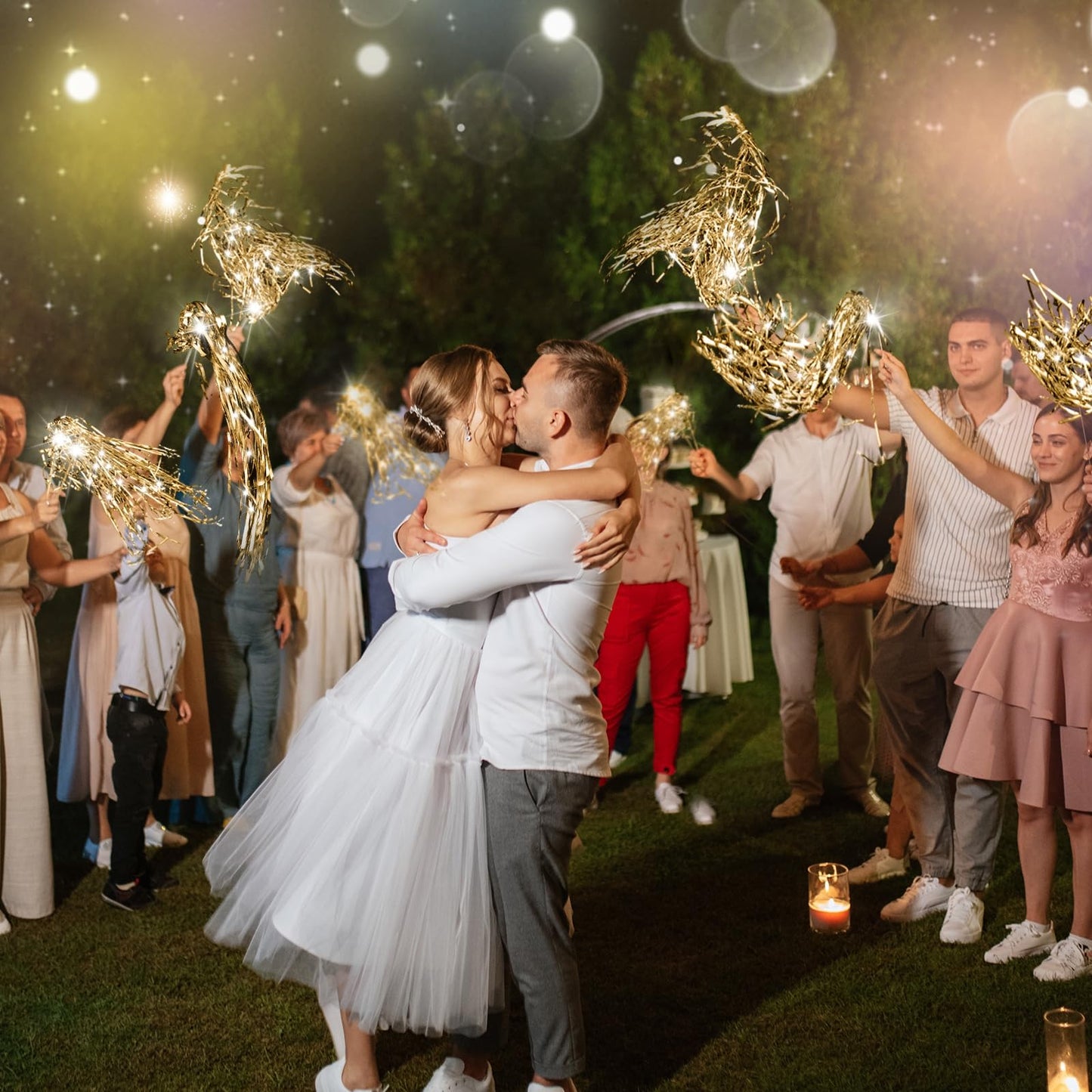 Simgoing 100 Pcs Lighted Wedding Wands LED Tinsel Wands Light up Streamers Sparklers for Wedding Send Off and Exits Birthday Party Props Favors(Champagne)