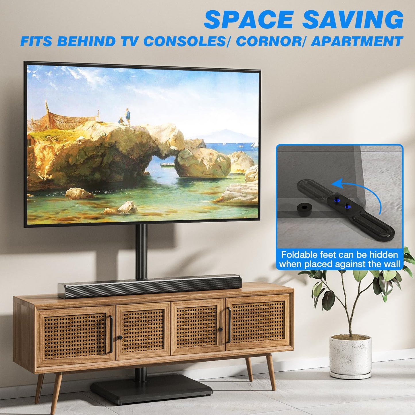 Rfiver Swivel Floor TV Stand with Power Outlet for 32-65 inch TVs, Height Adjustable Tall TV Stand with Wood Base, Hold Up to 88lbs, Saving Space Design for Bedroom, Living Room and Corner