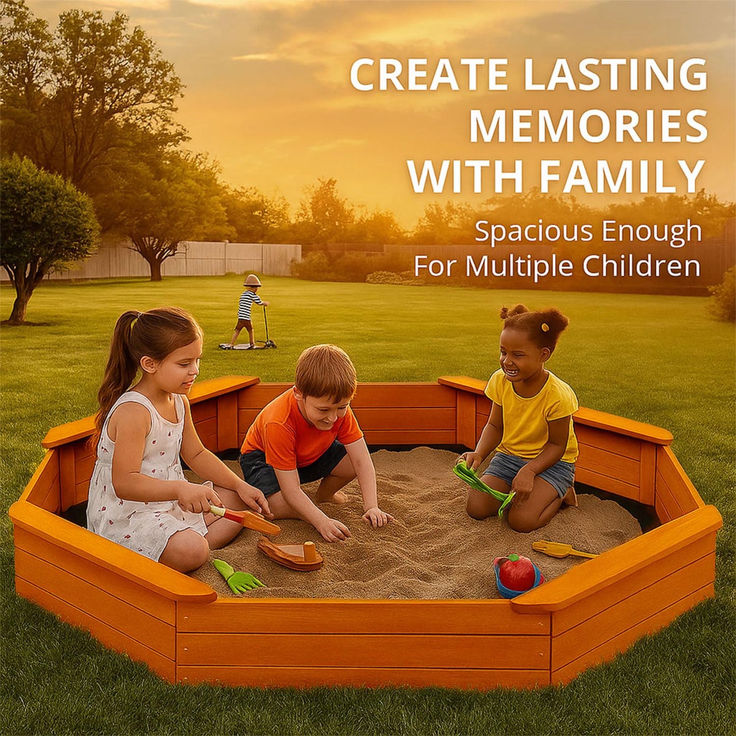 84"x78" Octagon Wooden Sandbox with Waterproof Cover & Liner, Large Outdoor Sandpit with Benches, Fir Wood Sand Box for Kids Backyard Play, Weather-Resistant,Golden red