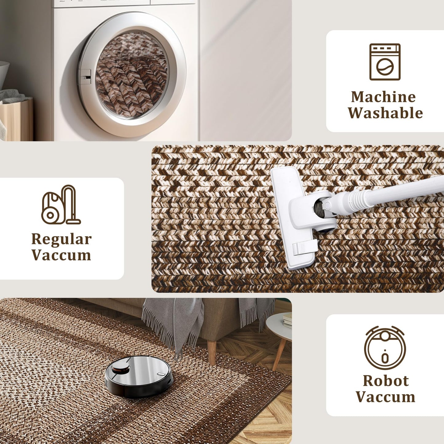 RUGSREAL Washable Rug 5x7 Boho Accent Bedroom Rugs Modern Geometric Floor Carpet Indoor Low Pile Non Slip Farmhouse Rustic Bohemian Carpet for Living Room Nursery Kitchen, Brown