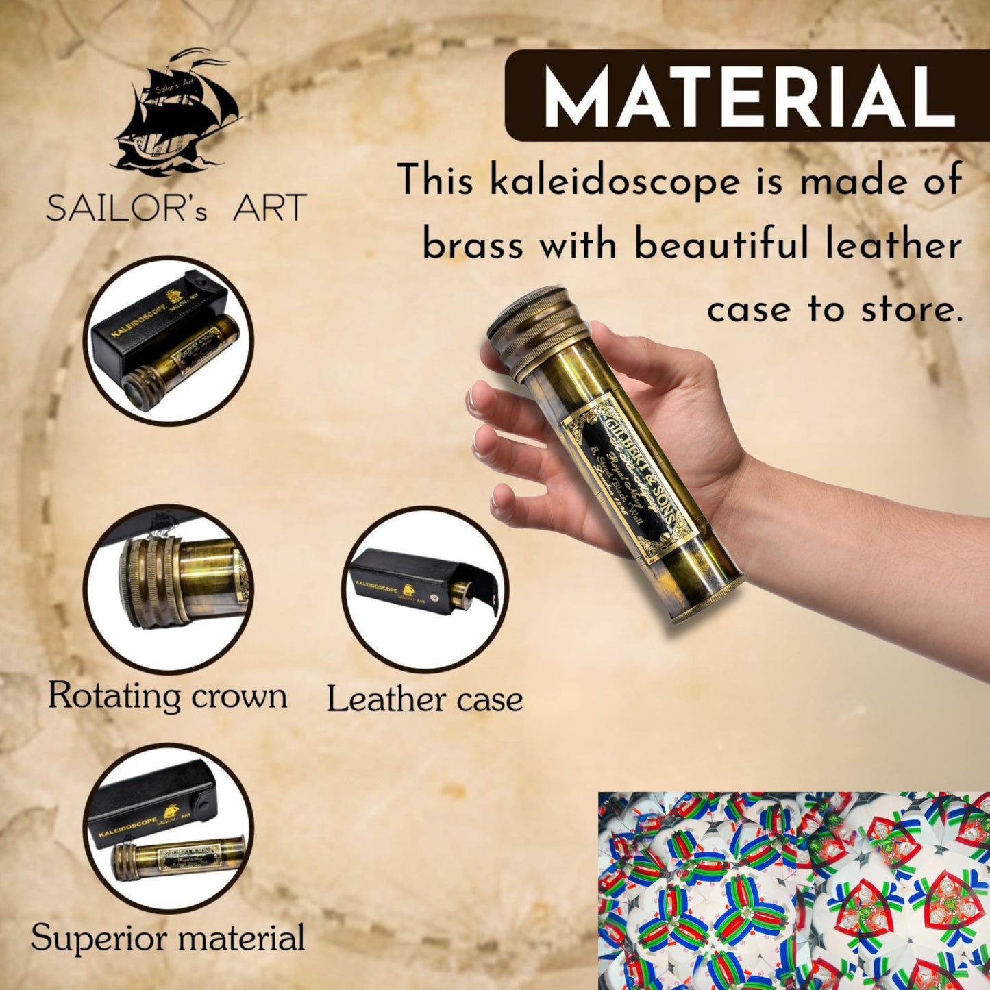 Sailor's Art Kaleidoscope with Case, Vintage Collection Kaleidoscope, Antique Finish Birthday Gift, 3D Lens Solid Brass 5.5 Inch for Friends and Family
