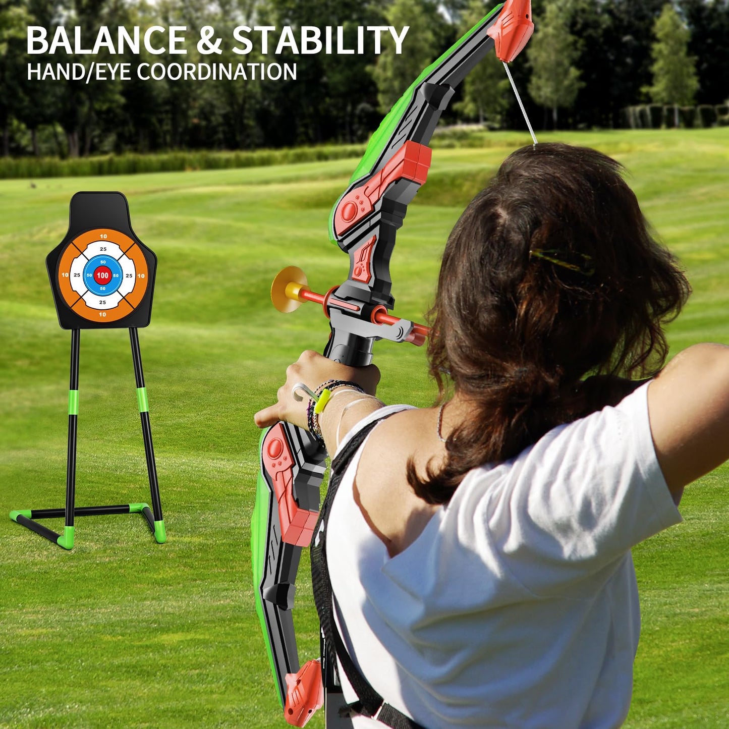 TEMI Bow and Arrow Set for Kids with LED Lights-Archery Set with 10 Suction Cup Arrows, Quivers & Standing Target, Outdoor Toys for Kids Boys & Girls Ages 3-12 Years Old