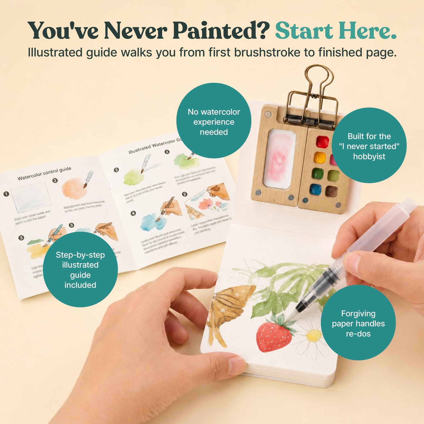 Tobios Mini Wooden Watercolor Paint Set – Compact Travel Art Kit with 12 Colors, Refillable Brush & Sketchbook – Unique Creative Gift for Birthdays, Holidays & Art Lovers