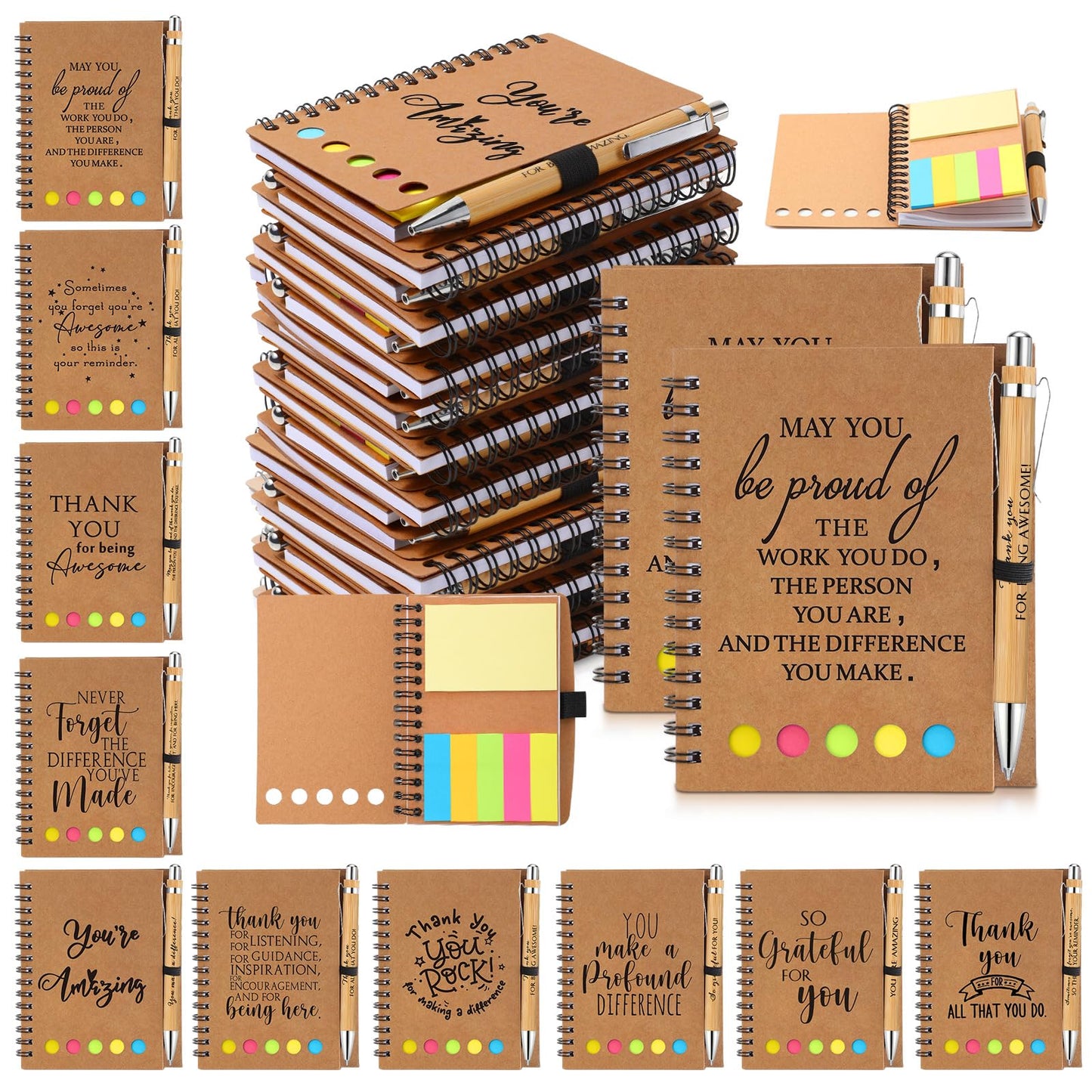 Honoson 30 Set End of Year Teacher Appreciation Gifts Bulk Inspirational Notebook with Sticky Note and Bamboo Pen Set Coworker Thank You Gifts for Employee Team Staff Office Group (Kraft)