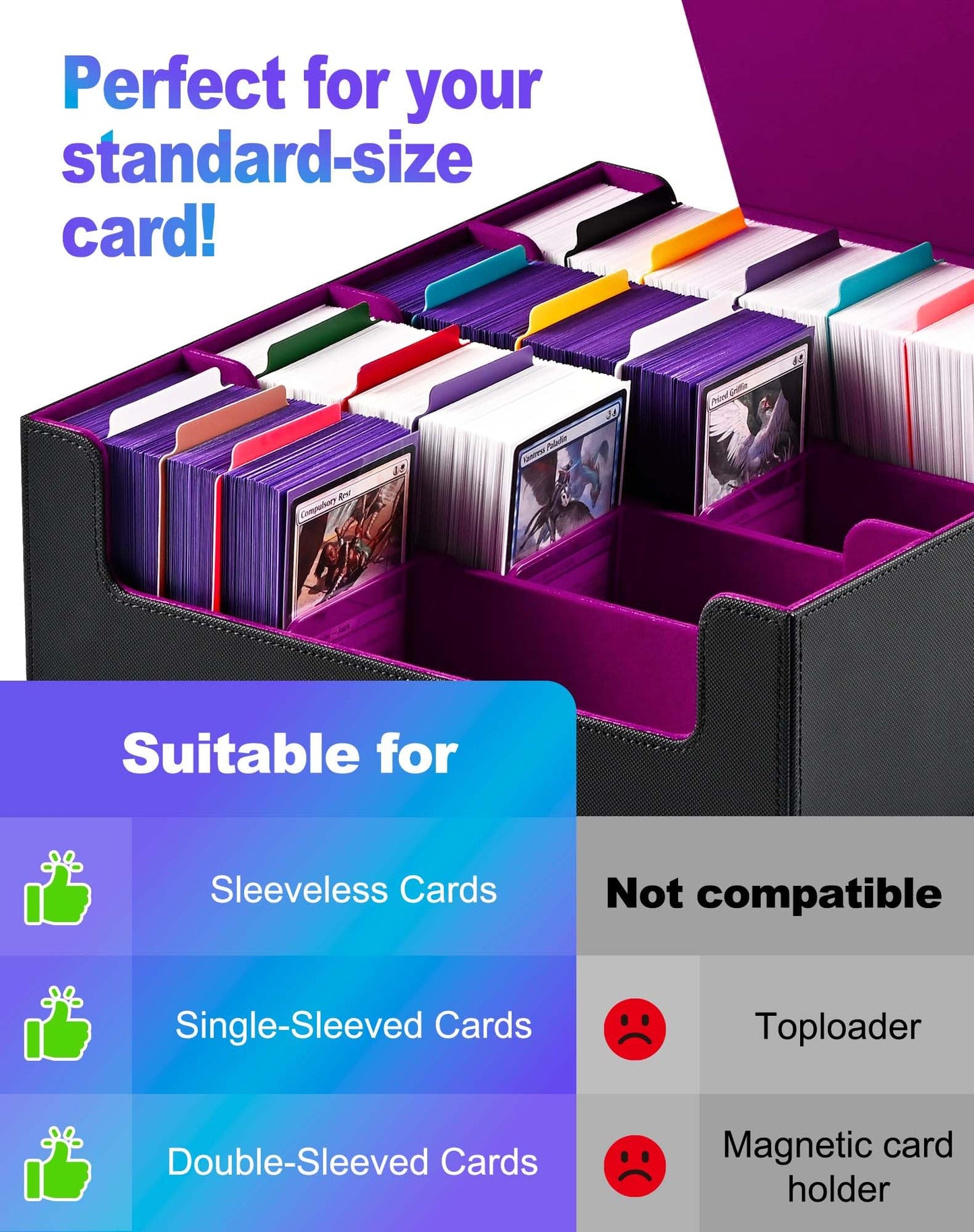 UAONO Card Storage Box for Trading Cards, 2400+ MTG Commander Deck Box With 24pcs Colorful Divider, Card Case Fits for Magic TCG PTCG Game Cards (Black&Purple)