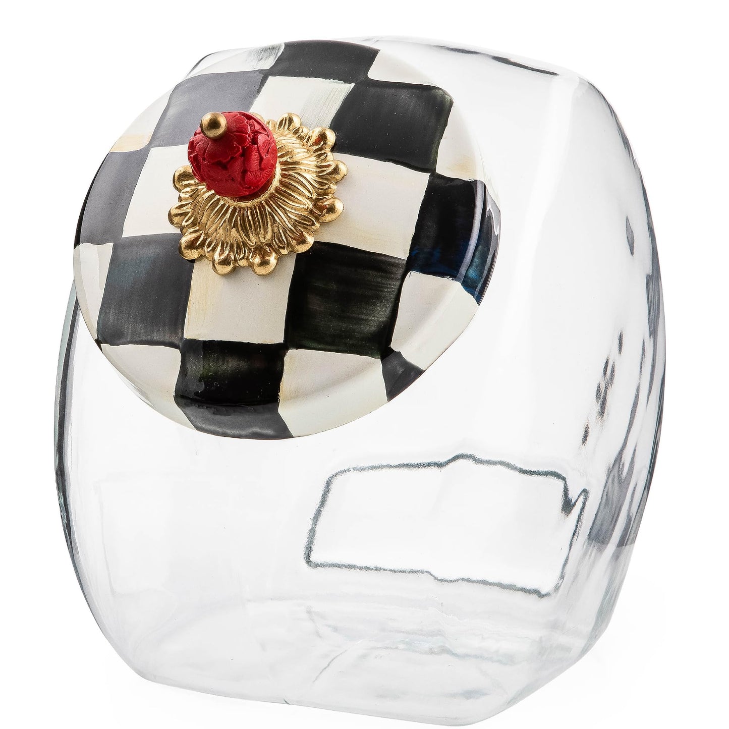 MACKENZIE-CHILDS Cookie Jar with Enamel Lid, Large Glass Treat Jar or Kitchen Jar, 1-Gallon Capacity, Black-and-White Courtly Check