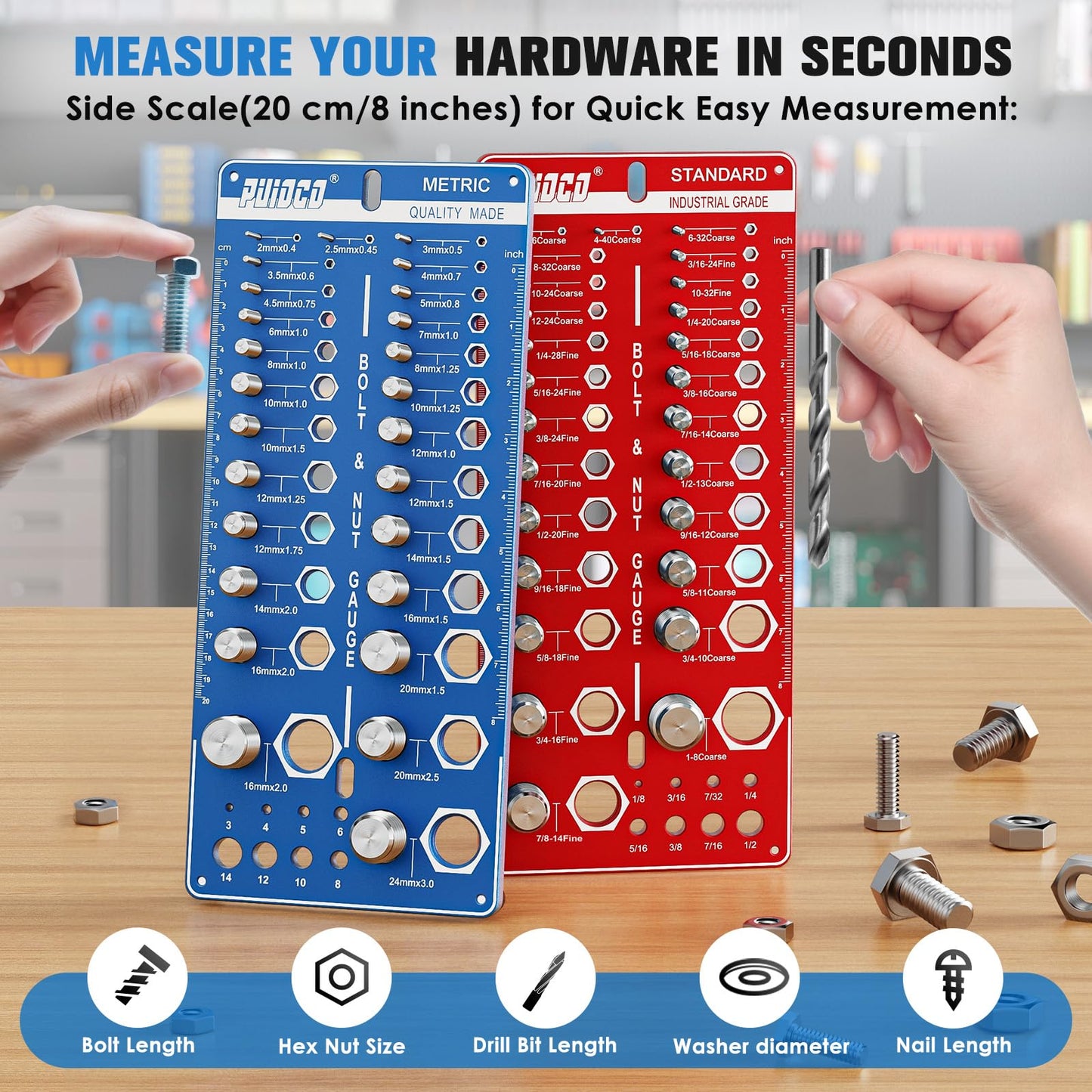 68 Nut and Bolt Thread Checker Standard and Metric, Screw Size and Thread Gauge with 26 SAE & 26 Metric & 16 Drill Bit Gauge, Bolt and Nut Identifier Gauge Bolt Size Finder for Quickly Identify