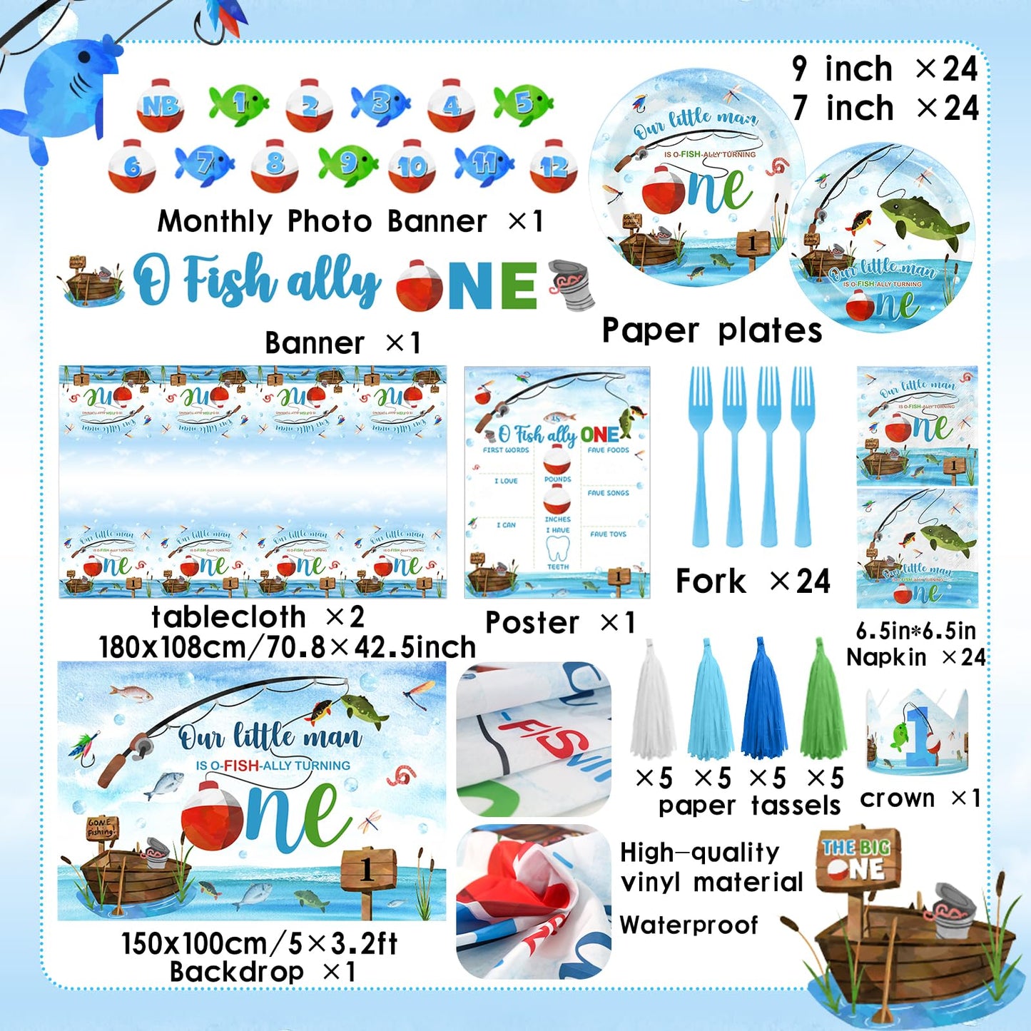 241Pcs Ofishally One Birthday Decorations,O Fishally One First Birthday Decorations for Boy, Our Little Man Is Ofishally Turning Theme Tableware Photo Banner Balloon Arch Backdrop Cake Topper