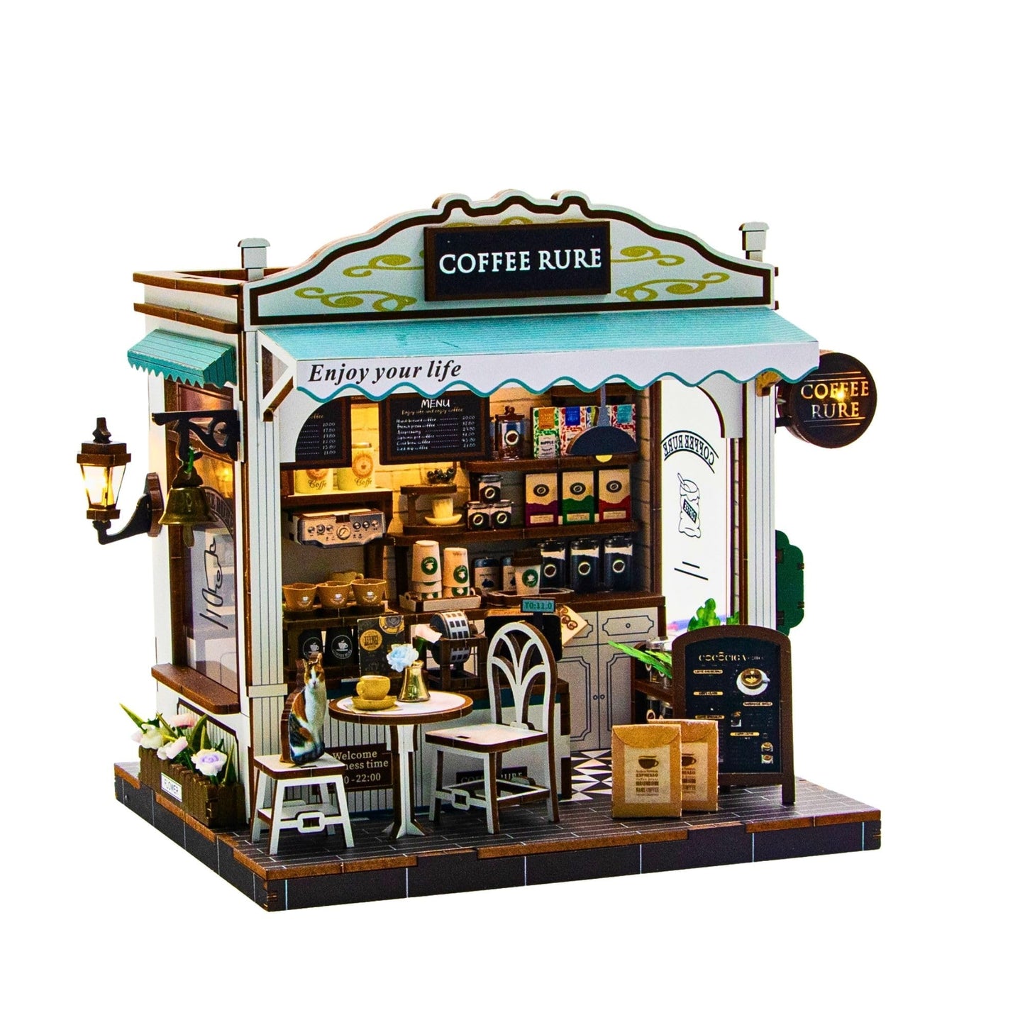 Soothee DIY Miniature Coffee Shop Kit, 3D Wooden Puzzle for Adults and Teens, Book Nook Bookshelf Decor with LED Light, 14+ Years