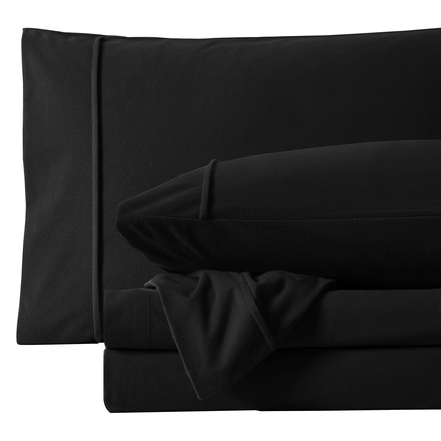 Flannel Sheets Warm and Cozy Deep Pocket Breathable All Season Bedding Set with Fitted, Flat and Pillowcases, King, Black