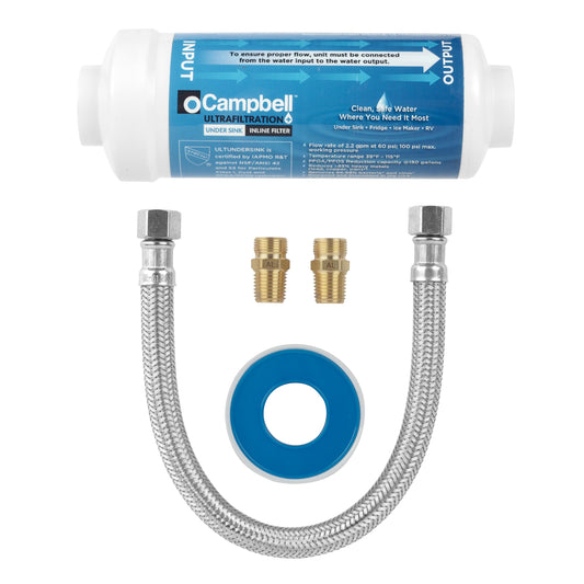 Campbell Ultrafiltration+ Inline Under Sink Filter Kit - High flow inline filter: 2.2 GPM. Removes up to 99% of over 1,000 harmful contaminants including: PFAS, PFOA, and PFAS - NSF 42/53 Certified