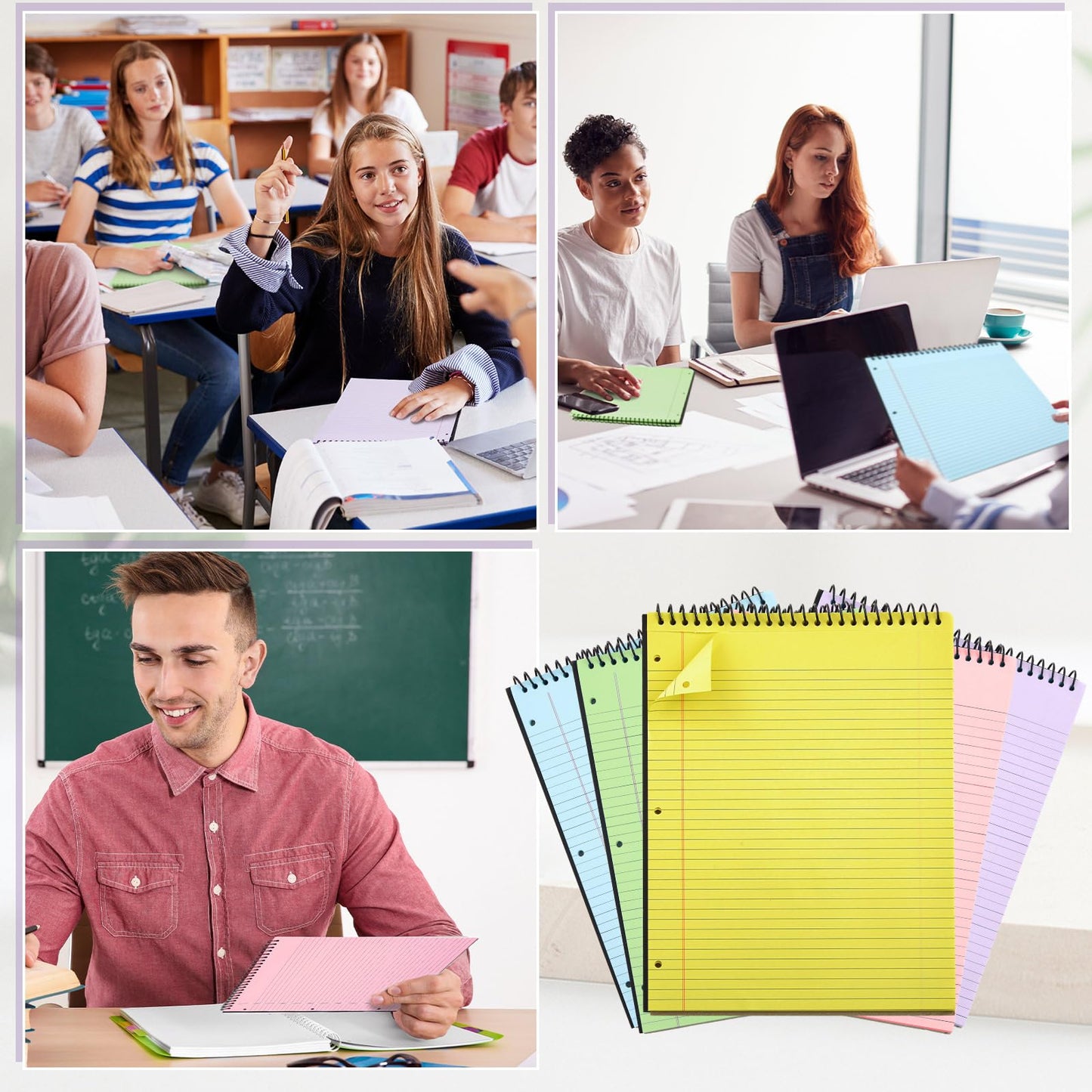 MotiMind 10 Pack 8.5" x 11" Top Spiral Notebook with 3 Hole Punched Multicolor Legal Pads College Ruled Notepad 50 Sheets Hard Cardboard Paper Wirebound Notepad for Office School Business