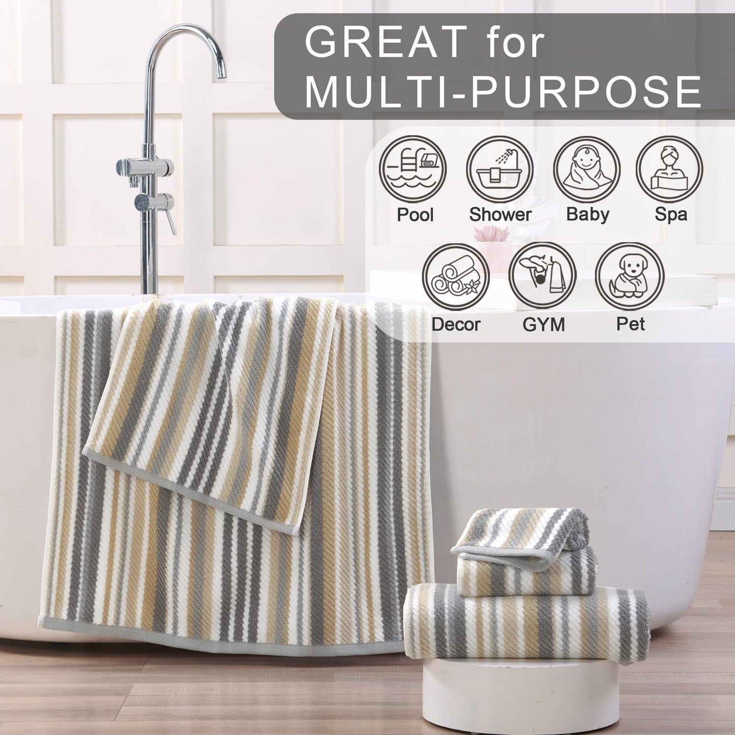 Beige Striped Hand Towels, Bathroom Hand Towels Set of 4, 16"x27" - 100% Cotton | Quick Dry | Absorbent | Light Weight, Soft Towel Set for Showering & Guest, Luxury Towel Gift, Tan and Gray