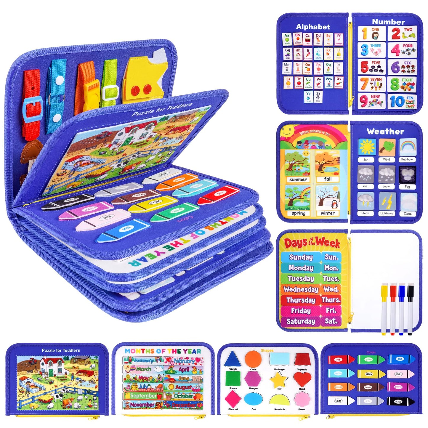 Toddler Busy Board Montessori Toys, 12-Page Busy Book, Quiet Educational Activity Book, Learning Sensory Toys for Motor Skills, Travel Toy for Car Airplane, Birthday Gifts for Boy Girl Kids (Blue)