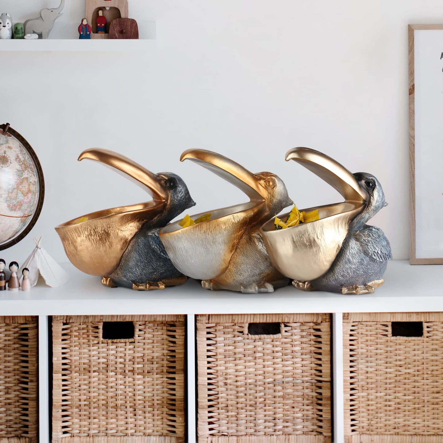 PlivBloom Pelican Key Holder Statues,Fun Animal Hippo Candy Dish,Candy Dish for Office Desk Unique,Modern Key Holder for Pelican Figurine,Suitability Desk candy bowl and Entry Table Decor Items(Silver