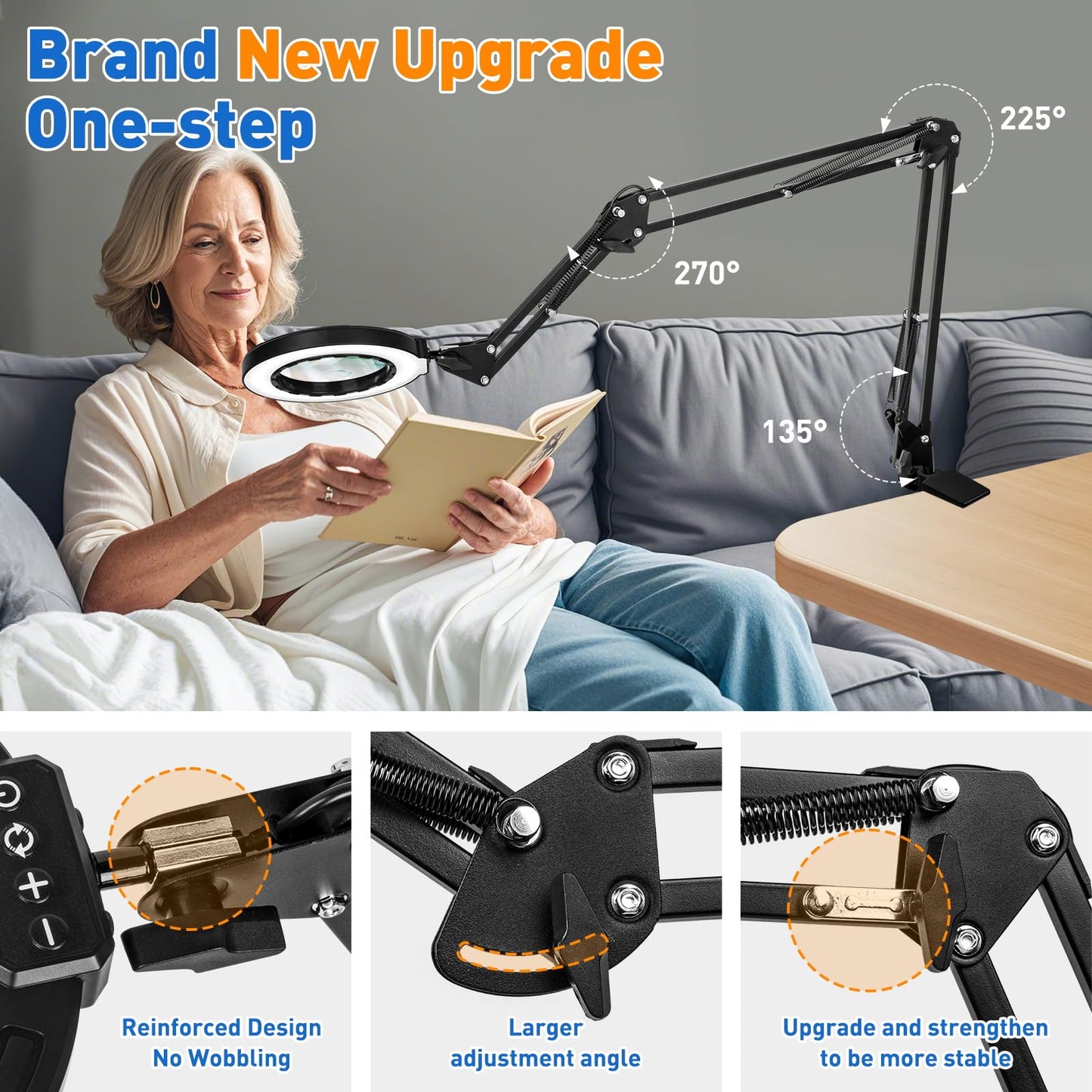 Ultra Long 3-Section Swing Arm 12X 30X Magnifying Glass with Light and Stand, 4-Way Metal Clamp Lighted Magnifier Lamp, 5 Color Modes LED Magnifying Lamp for Workbench Hobby（12X/30X 35.2in Clamp ）