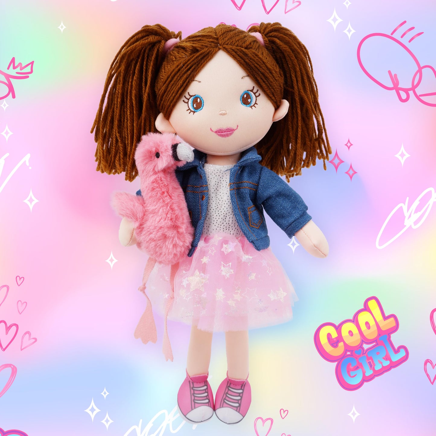June Garden 15" Playmate Buddies - Plush Doll Mia with Her Stuffed Animal Companion Flamingo Rosie for Kids