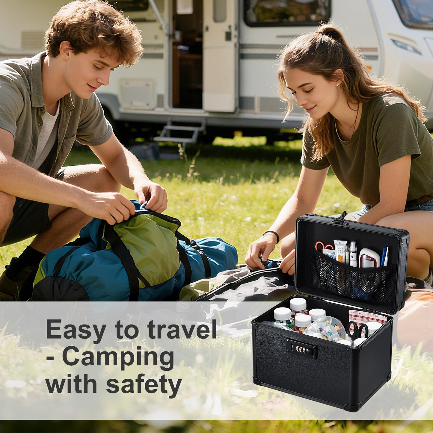 Lockable Security Storage Box - Shiny Black Safe Combination Lock Box, Cabinet Med Organizer, 10 x 7 x 7.9 Inches Safe Case for Documents, Valuables, Medicine & Money