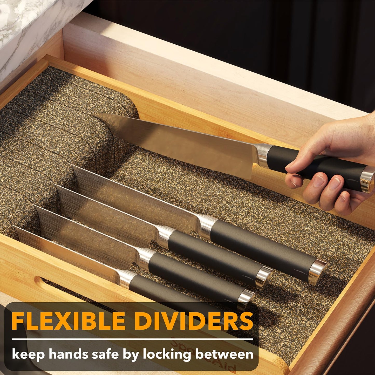 SpaceAid Knife Drawer Organizer 9 inches Wide Bamboo Insert Dock, Kitchen Steak Knives Holder Organizers Block for Drawer in Storage Organization (Medium, Natural)