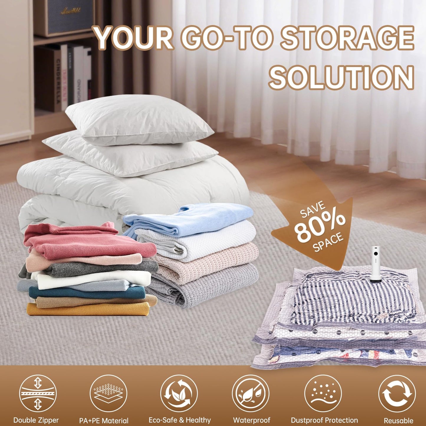 Vacuum Bags for Travel with Wireless Rechargeable Pump, 15 Pack Carry-on Size Compression Packing Seal Bags for Luggage and Suitcase, Space Saver Vacuum Storage Bags for Clothes and Clothing Travel