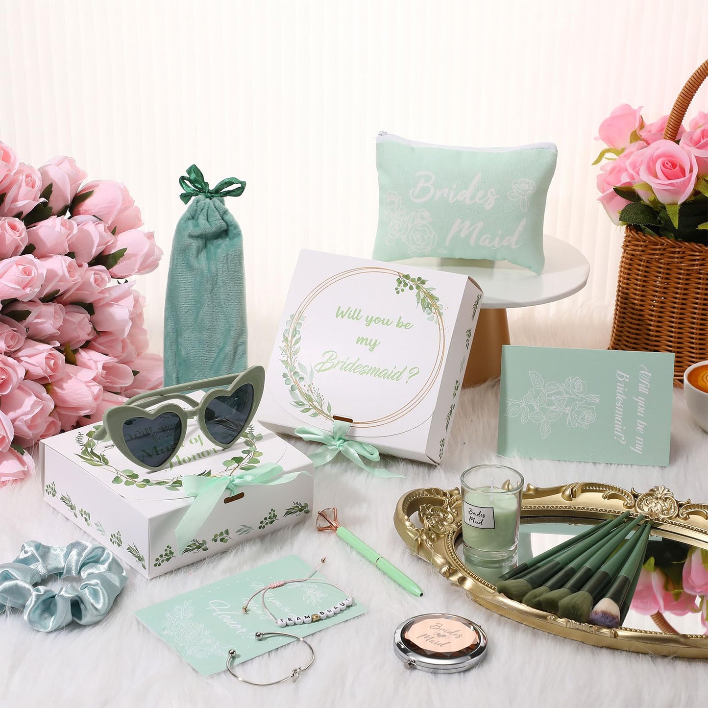 Nuogo 88 Pcs Bridesmaid Proposal Gifts Maid of Honor Gift Bridal Shower Gifts Cosmetic Makeup Bags Invited Cards Knotted Bracelets Scrunchies Hair Diamond Pens Favors for Wedding(Green, Modern)