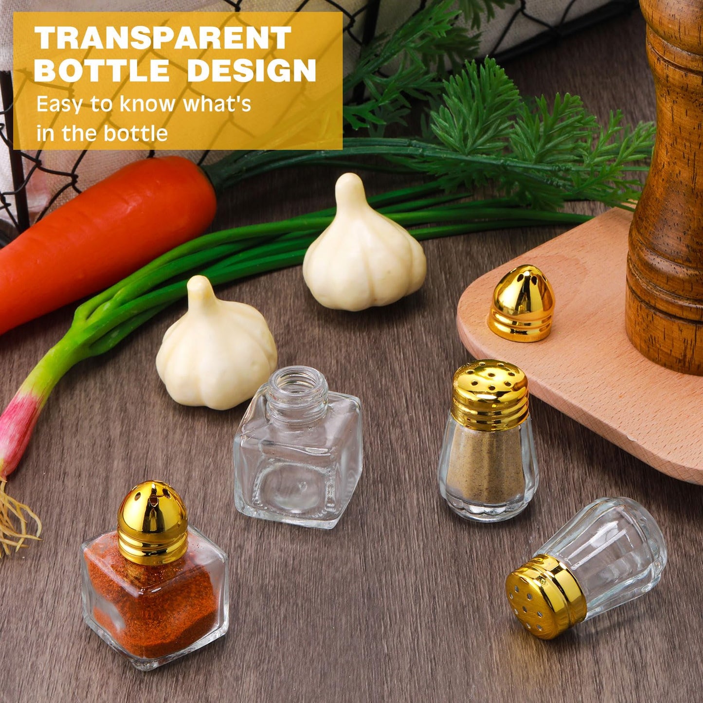 Zopeal 50 Set Mini Salt and Pepper Shakers Small Bulk Clear Individual Seasonings Tiny Spice Shakers for Kitchen Wedding Picnic, 2 Styles(Gold Lids)