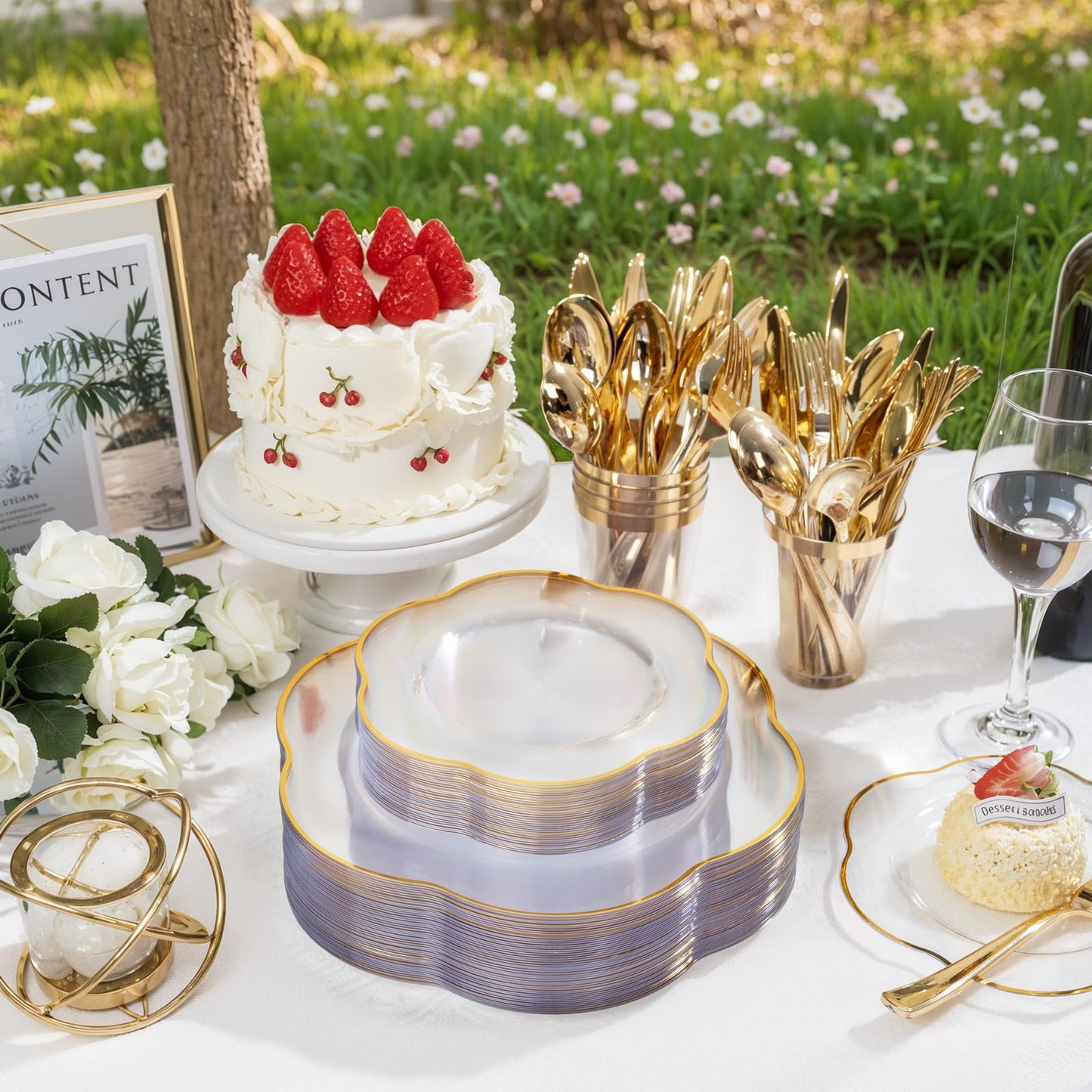 Liacere 100PCS Clear Plastic Plates - 10inch Disposable Floral Clear and Gold Dinner Plates - Perfect for Wedding & Party & Holiday & Floral & Baby Show