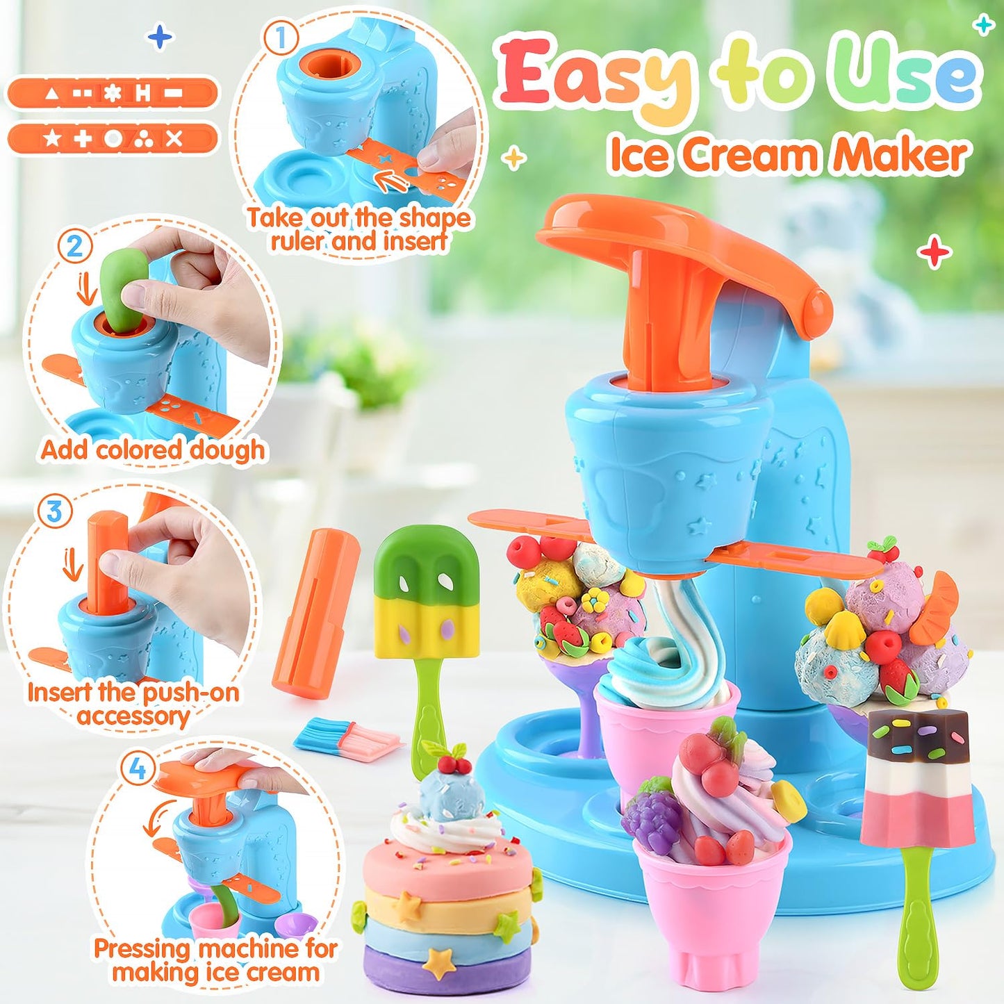 4 in 1 Color Dough Set Kitchen Creations with Ice Cream/Cake/Noodle/Hamburger Maker Machine, Arts Crafts Play Food Toys Tools Kit for Boys Girls Kids Toddlers Ages 3+ , 24 Dough