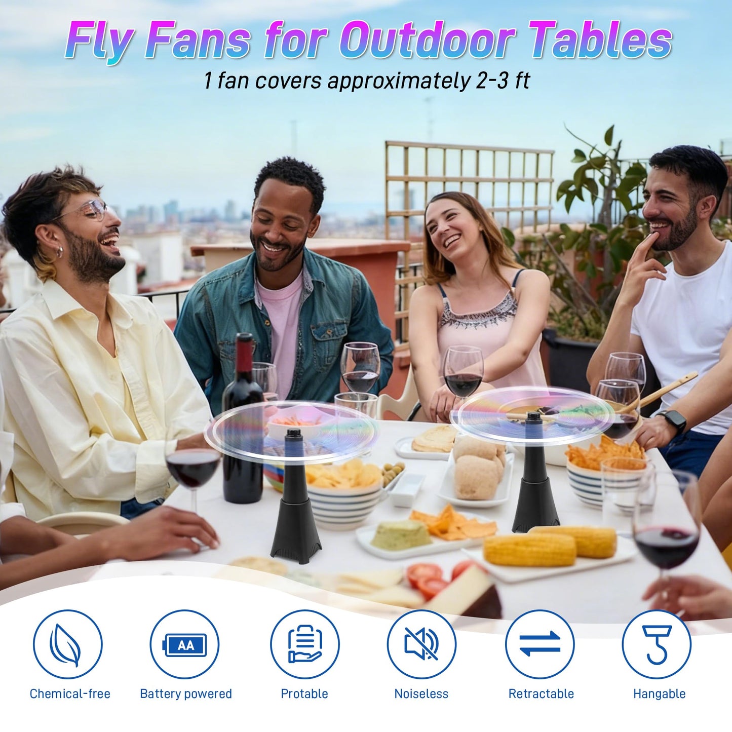 LETKEYS 6 Packs Food Fans for Tables, AA Battery Powered, Portable Table Fans with Holographic Blades and Hook, Table Food Spinner Quiet for Picnic Home Party BBQ, Black