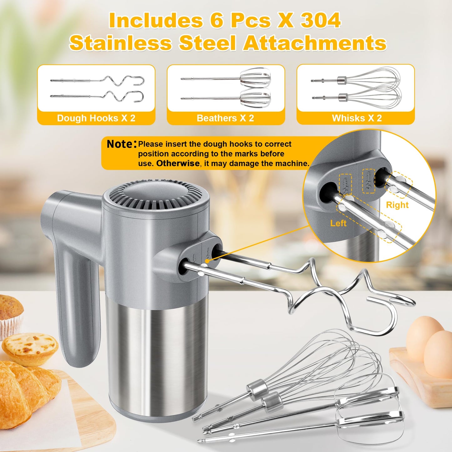 Cordless Electric Hand Mixer, 7 Speed Rechargeable Wireless Handheld Mixer with Eject Button, Long Battery, Quiet Anti-Splash, 6×304 Stainless Steel Attachments & Storage Base for Baking (Silver)
