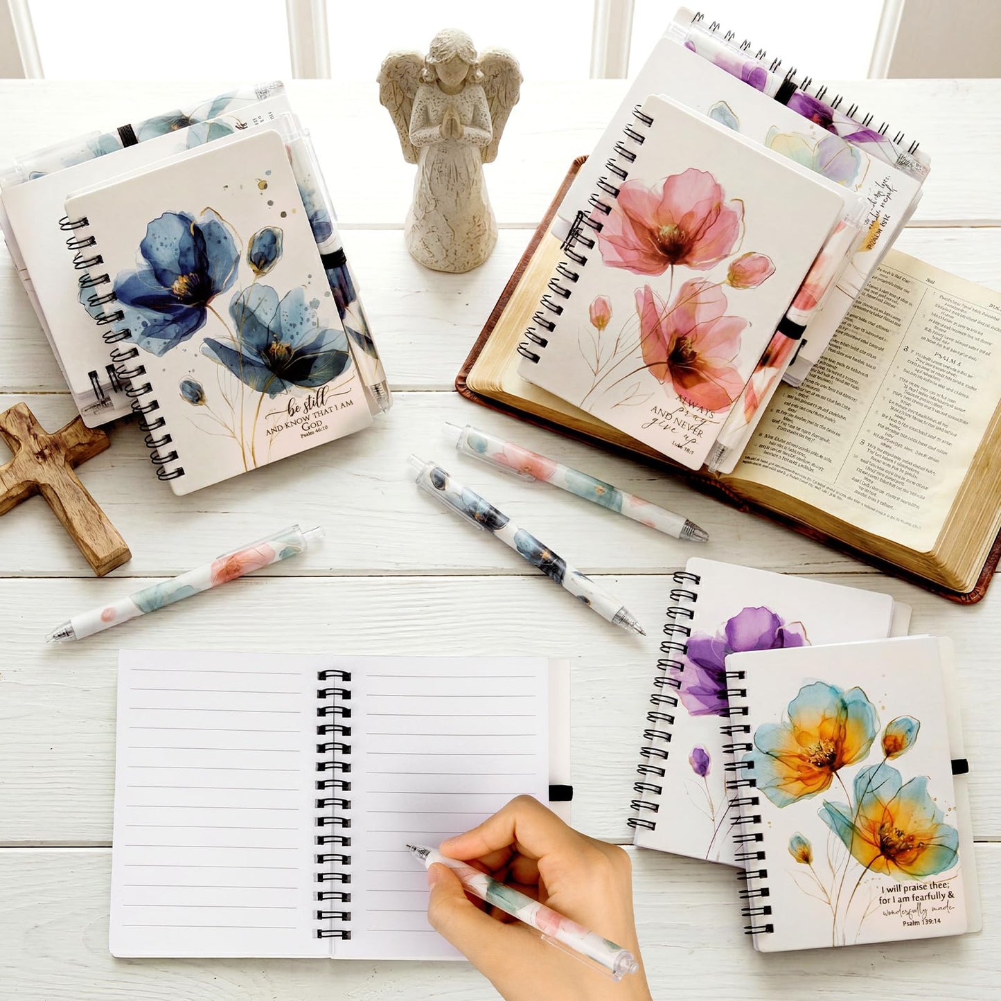 Kosiz 36 Sets Christian Gift Bulk A6 Christian Notebooks with Pens Gift for Fathers Day Inspirational Prayer Journals Spiral Small Bible Notepads for Women Men Church Members (Floral Style)