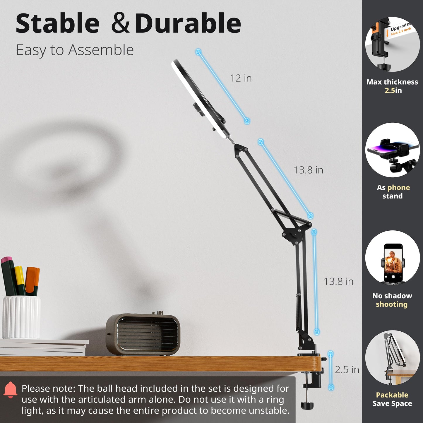 UBeesize 12’’ Ring Light with Overhead Phone Mount, LED Selfie Light with Stand and Phone Holder for iPhone and Laptop, Desk Light for Video Recording, Zoom Meeting, Live Streaming, Tiktok, YouTube