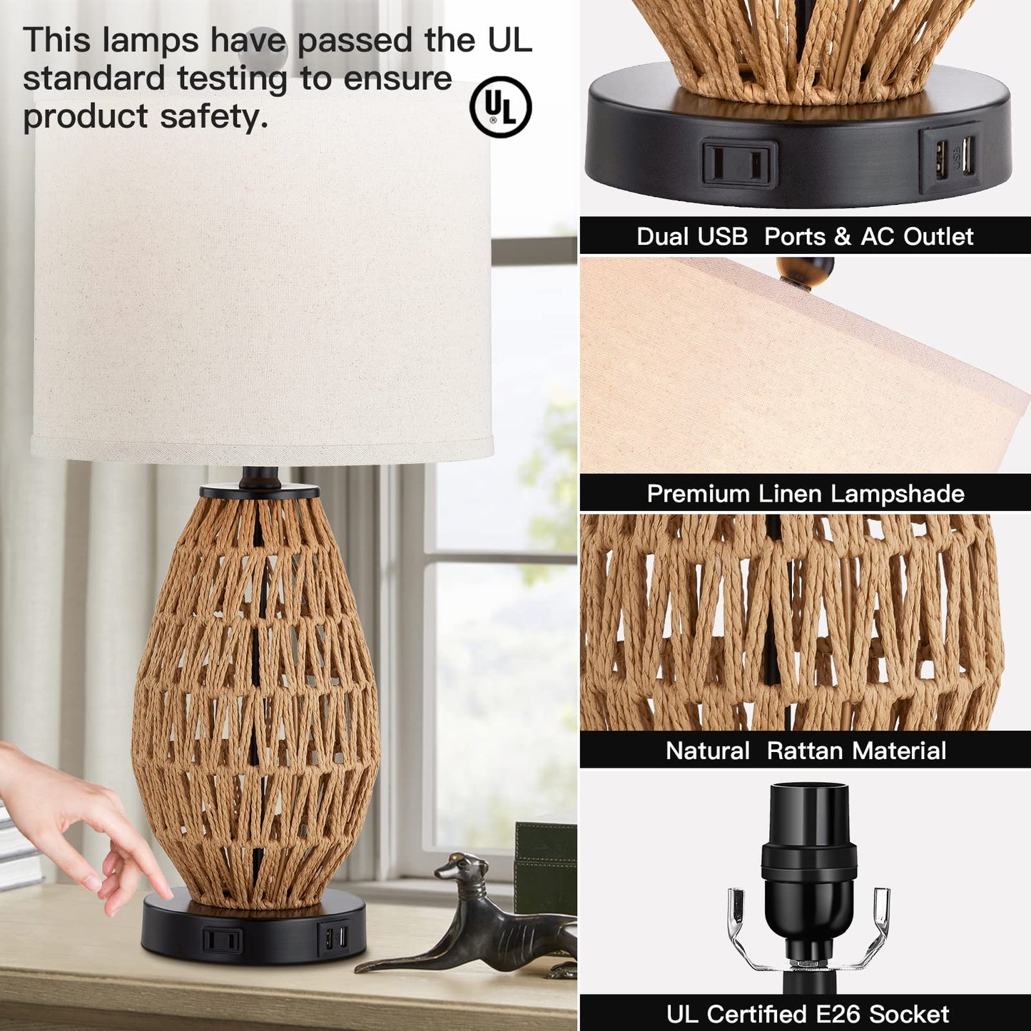 CINSARY Touch Control Rattan Table Lamps, 3 Way Dimmable Bedside Lamps for Bedroom Set of 2 with 2 USB Ports and AC Outlet, Wicker Nightstand Lamps for Living Room (LED Bulbs Included)