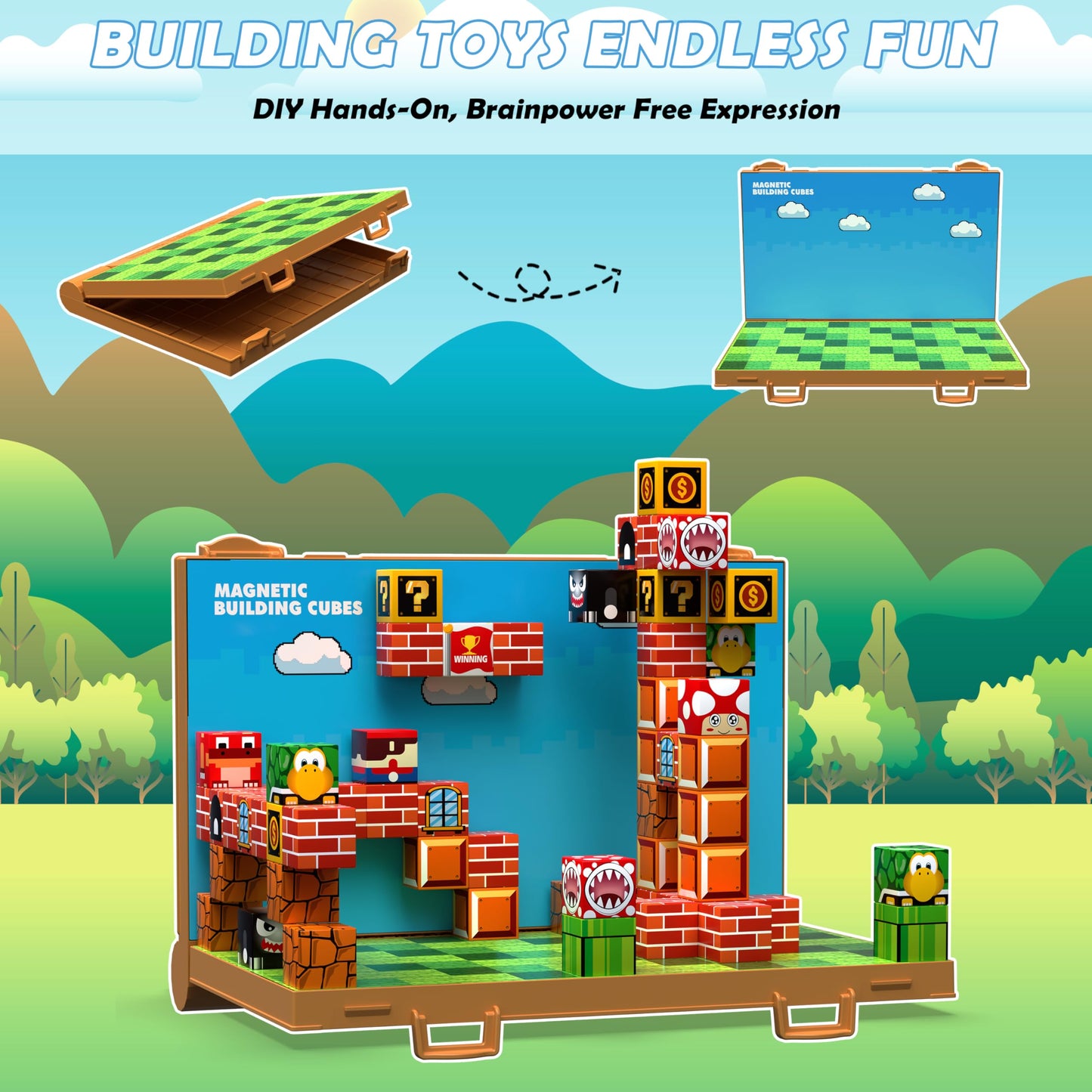 Magnetic Blocks, Build 3D Magnet Building Toys World with Magnetic Tiles, Foldable Magnetic Board, STEM Sensory Toy for Kids, Toy Magnetic Building Sets Gifts for Age 3 4 5 6-10 Year Old Boys Girls