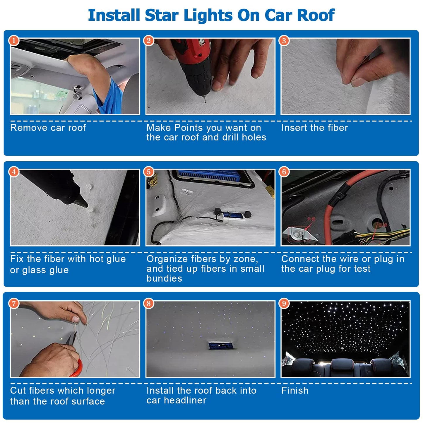 AMKI Updated 16W Starlight Headliner Kits 650pcs 0.03in 9.8ft Twinkle + Music Mode Mixed APP Remote Sound Control Car Home RGBW Fiber Optic Light Star Ceiling Light Kit