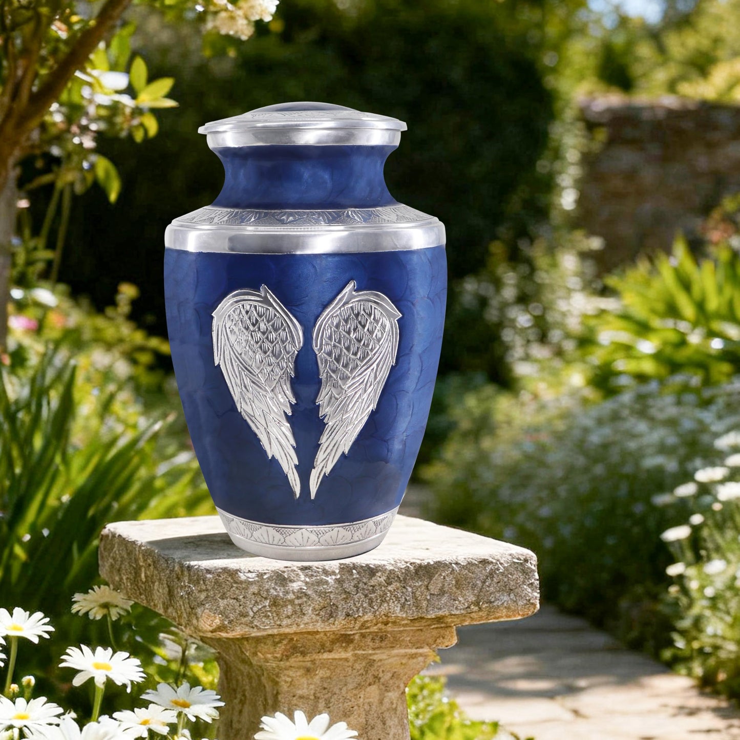 M MEILINXU Urns for Human Ashes Adult Man & Women, Cremation Urn for Ashes Adult Male & Female, Burial Urn, Decorative Urns for Funeral, Silver Engraved Angel Wings, Dark Blue and Silvery - Large