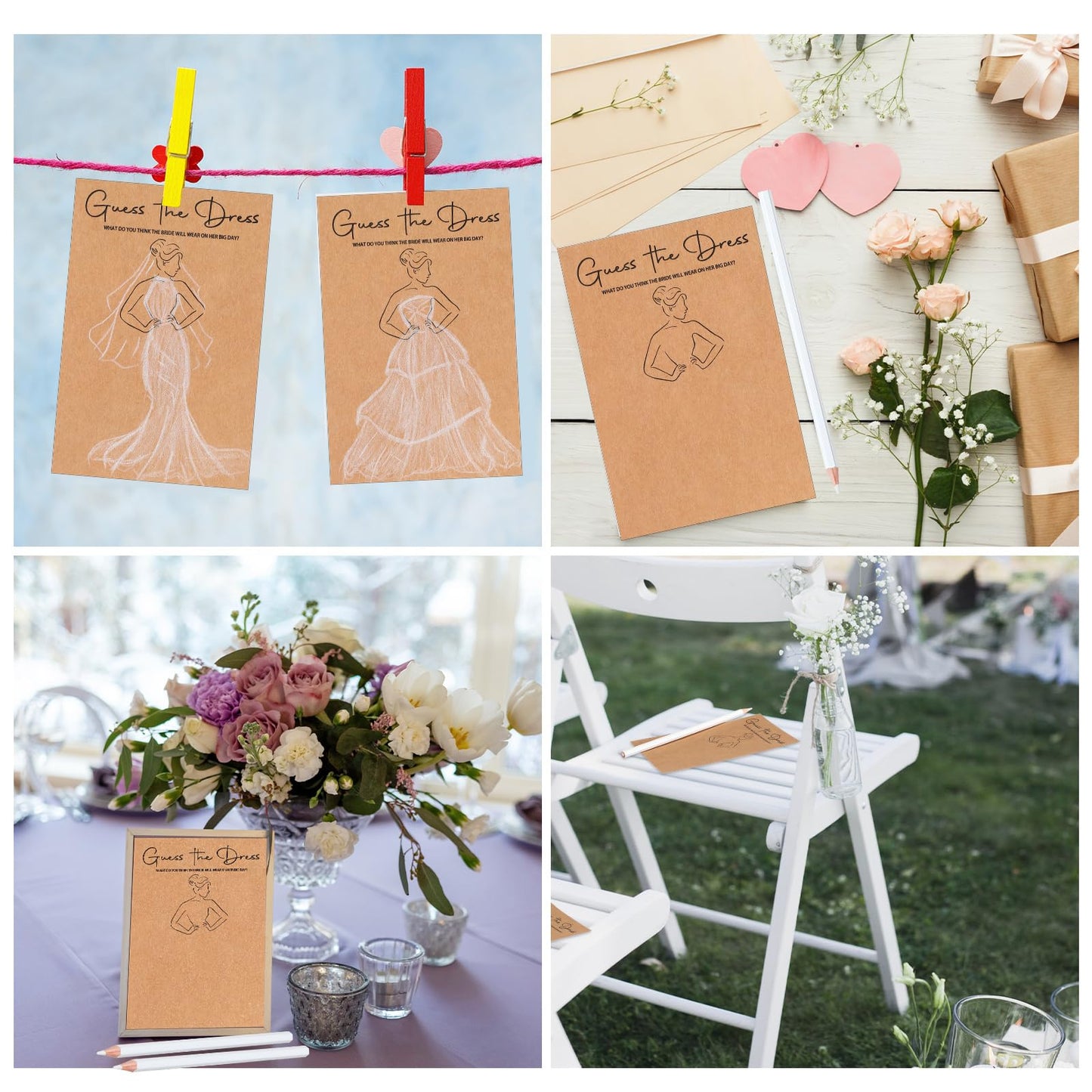 Sinload 60 Sets Guess the Dress Bridal Shower Games for Guests Include 60 Pcs Wedding Shower Games Cards and 60 Pcs Pencils Fun Wedding Party Supplies Games Ideas (Brown,Long Pencil)