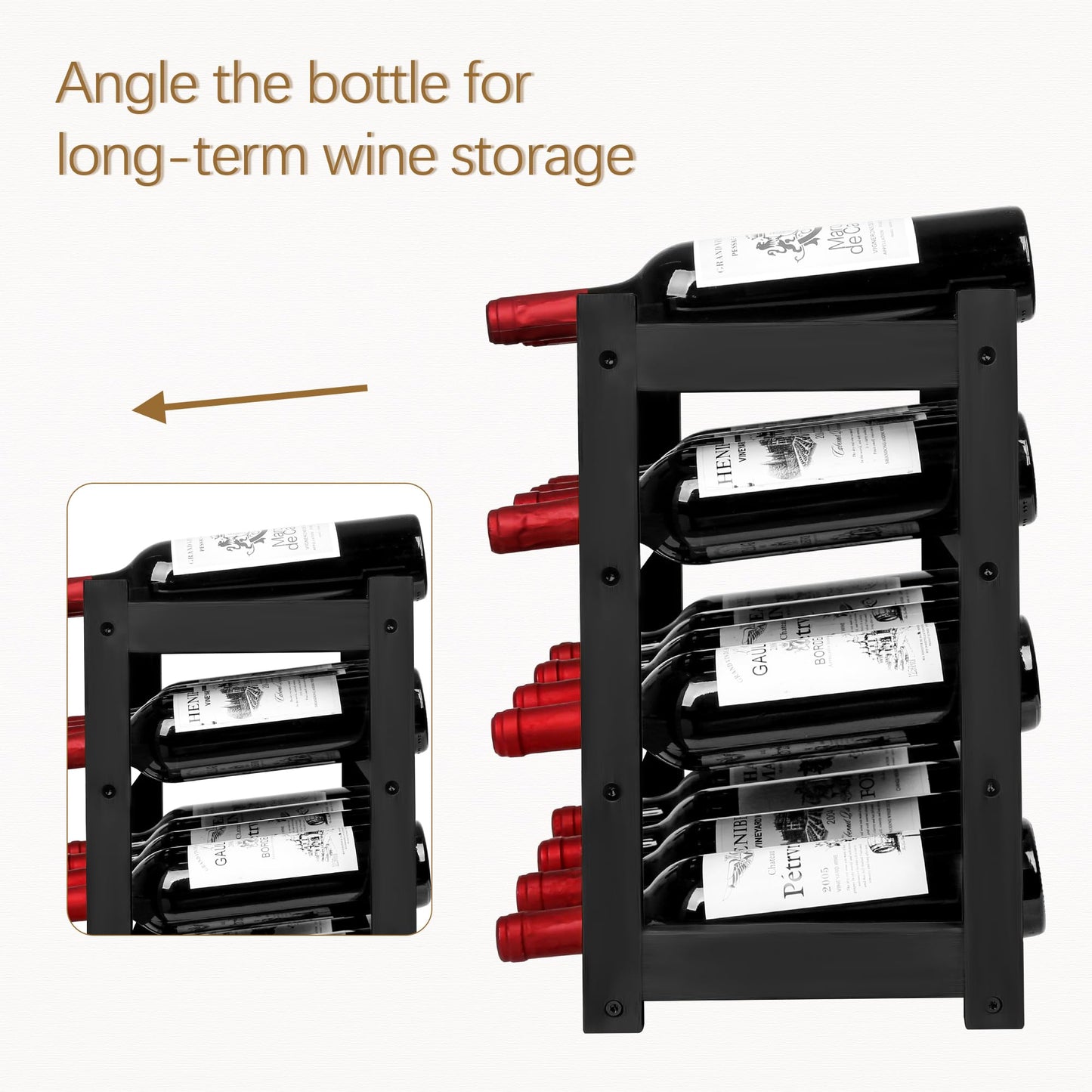VASMIA Wine Rack, 4-Tier Bamboo Wine Racks Countertop,Sturdy and Durable Wine Storage Cabinet Shelf,16 Bottles Wine Holder for Kitchen Pantry, Black