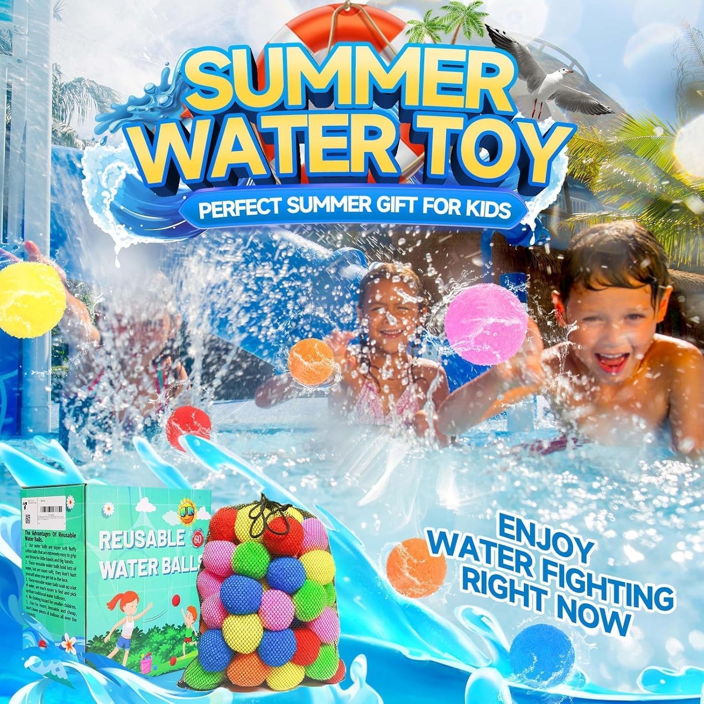 60 Pcs Reusable Water Balls, Reusable Water Balloons for Outdoor Activity Toys and Games, Water Toys for Kids and Adults Boys and Girls - Summer Toys Ball for Pool and Backyard Fun