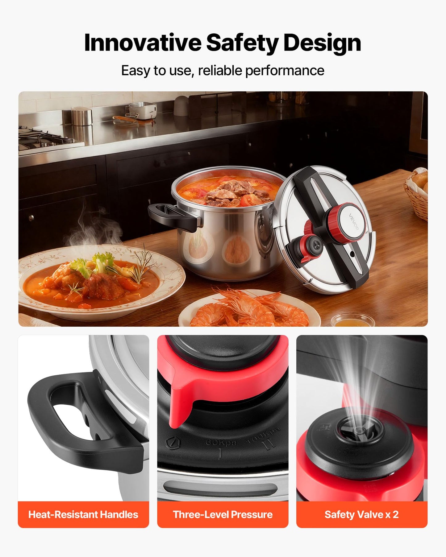 VEVOR Pressure Cooker, 6.3Qt Pressure Cooker Stainless Steel, Pressures Canner with Steaming Rack, Tempered Glass Lid, Three Pressures Settings for Meat, Beans, Rice, Soup, Sauces, Cook up to 100 kPa