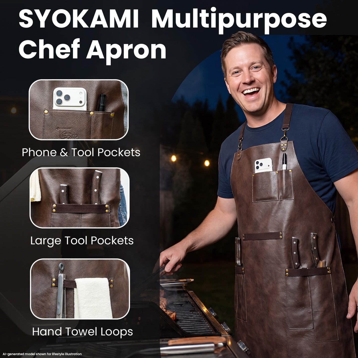 SYOKAMI Synthetic Leather Chef Cooking Apron for Men, Cross Back Apron for All-Day Comfort, Waterproof Apron with Multiple Pockets, Great for Kitchen, Garden, BBQ, Butcher Work or Crafts, Ideal Gift