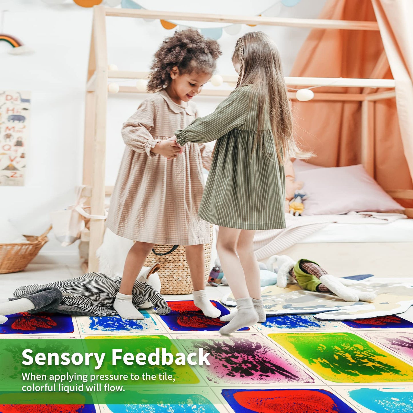 LONGKING 4 Sensory Tiles, 12" x 12" Sensory Floor Tiles, Liquid Floor Tiles