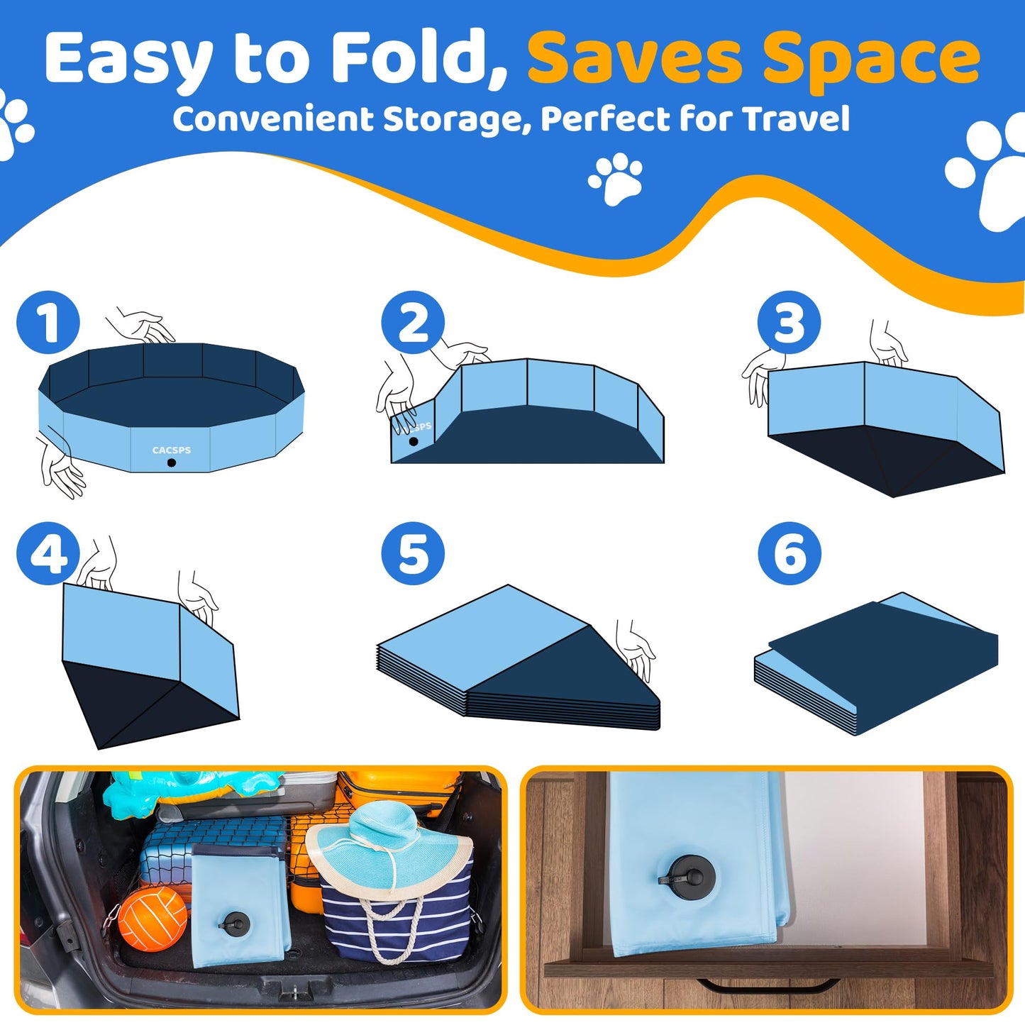 CACSPS 48" x 12" Foldable Dog Pool - Collapsible Hard Plastic Kiddie Pool for Dogs & Kids, Non-Slip Pet Bath Tub for Outdoor Backyard Use, Lightweight & Portable (Blue)