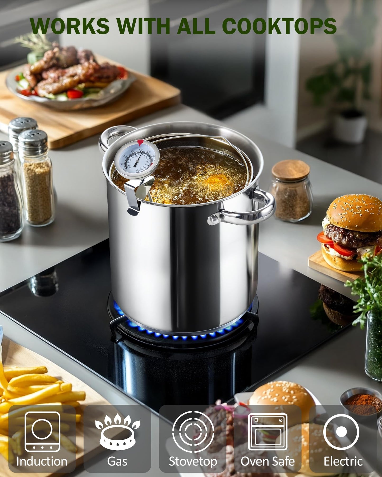 Cook N Home Basics 5-Quart Deep Fryer Pot with Basket, Japanese Tempura Stainless Steel Frying Pot with Temperature Control and Oil Drip Rack, Glass Lid, Suitable for Kitchen French Fries, Chicken